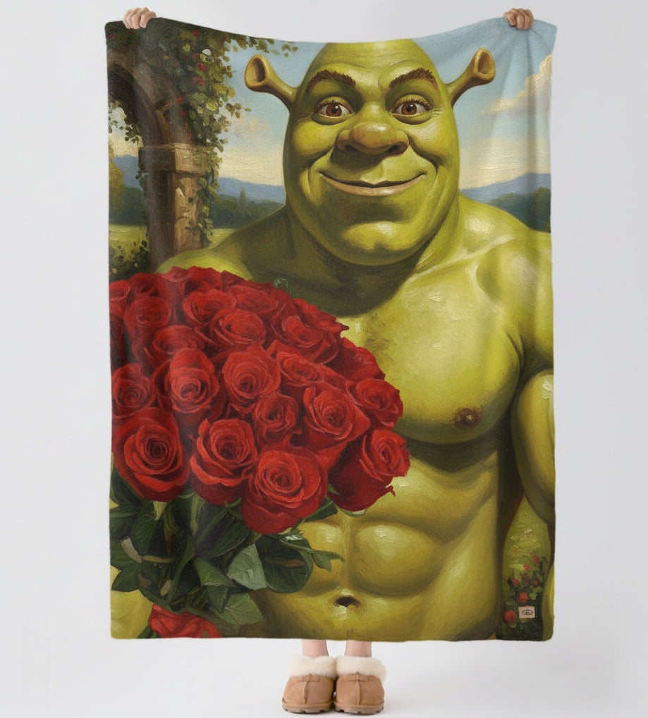 Plush Blanket - Muscular Ogre Holding Roses Velveteen Throw