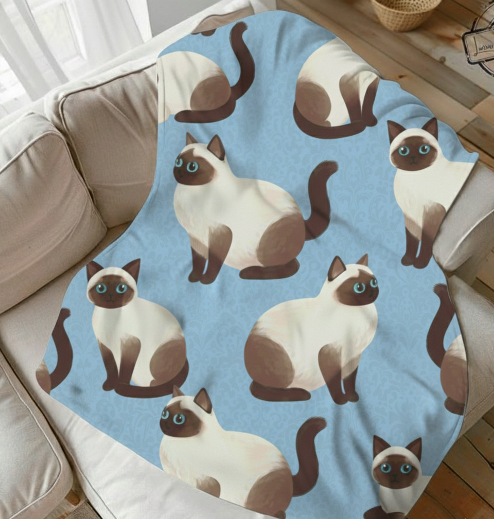 Cats Velveteen Plush Blanket – Cozy Blue Cat Pattern Throw