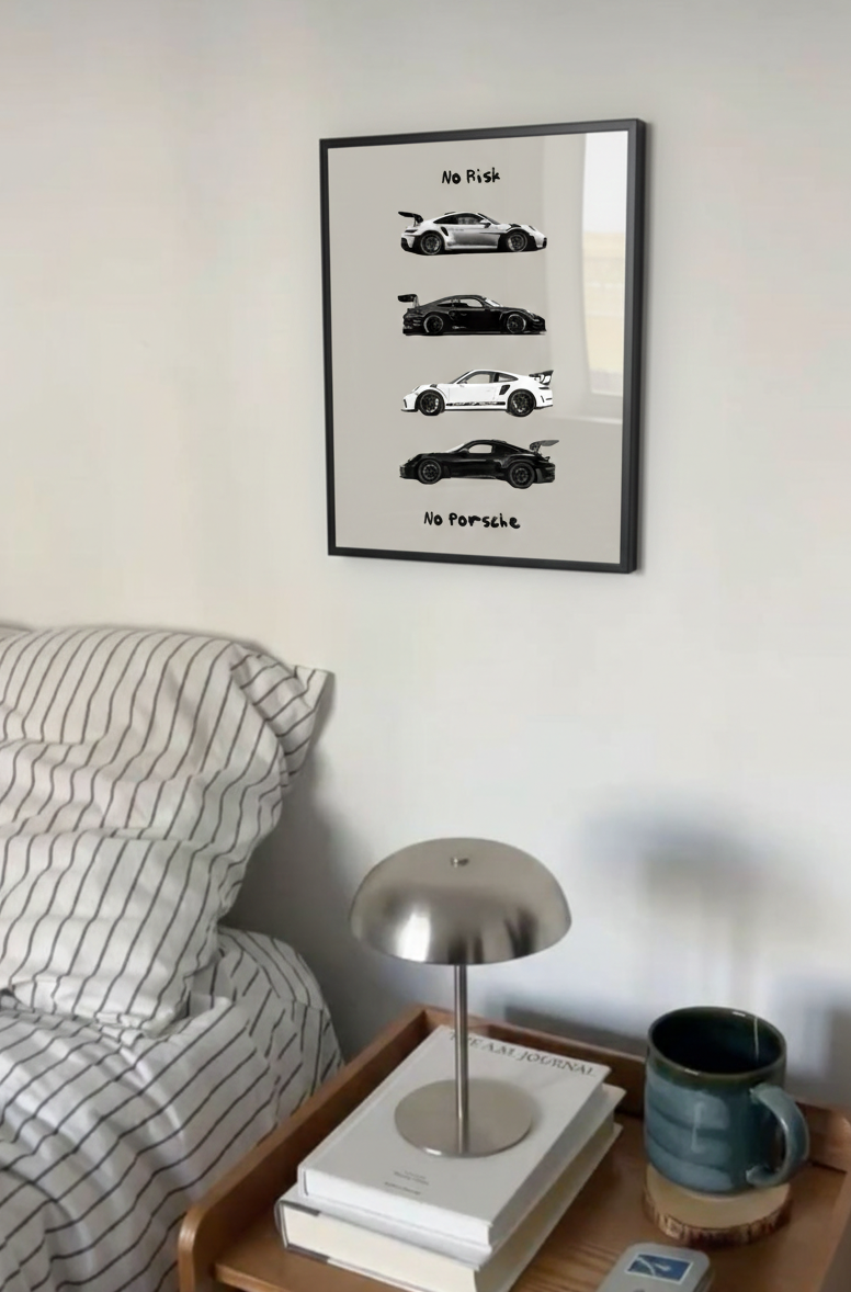 No Risk No Porsche Matte Vertical Car Poster — Minimalist Sports Car Wall Art