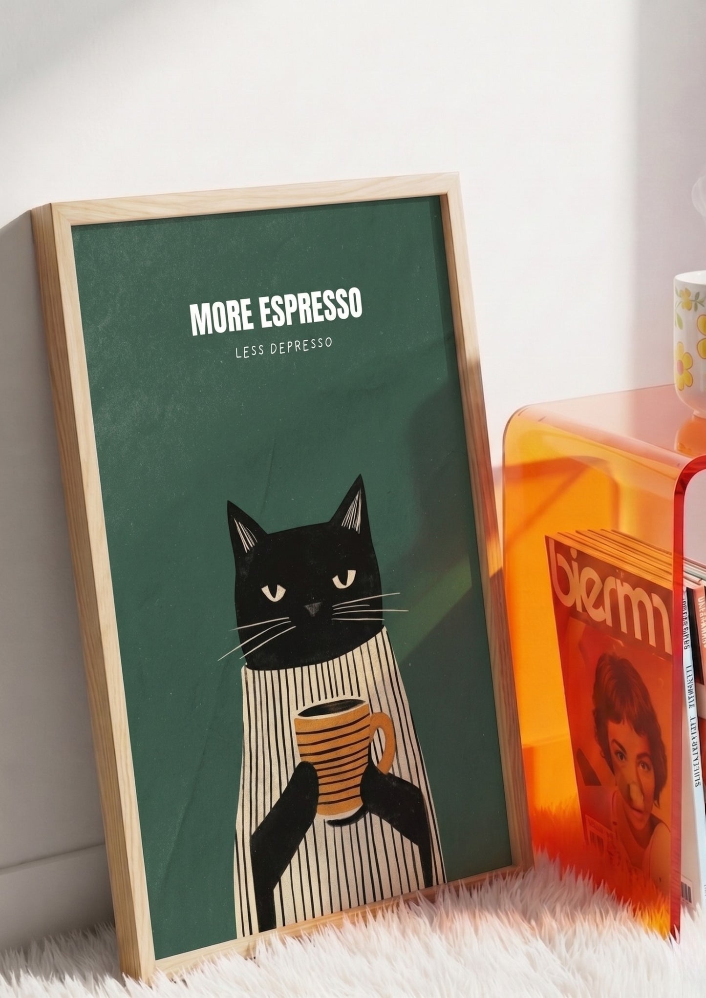 (Upload your pet photo) Cat Coffee Poster — Matte Vertical Wall Art