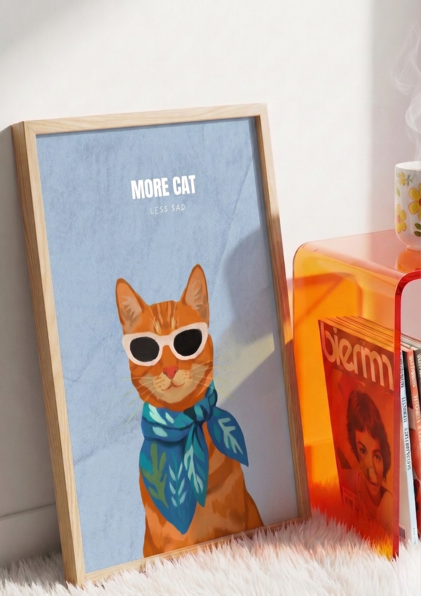 (Upload your pet photo) More Cat Less Sad Poster —  Cool Cat Matte Vertical Wall Art