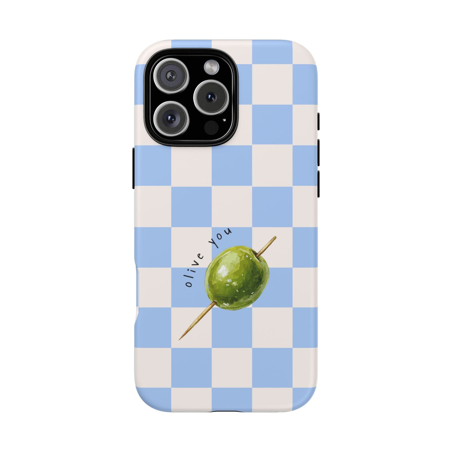 Blue Checkered Phone Case — 'Olive You' Patterned Protective Cover