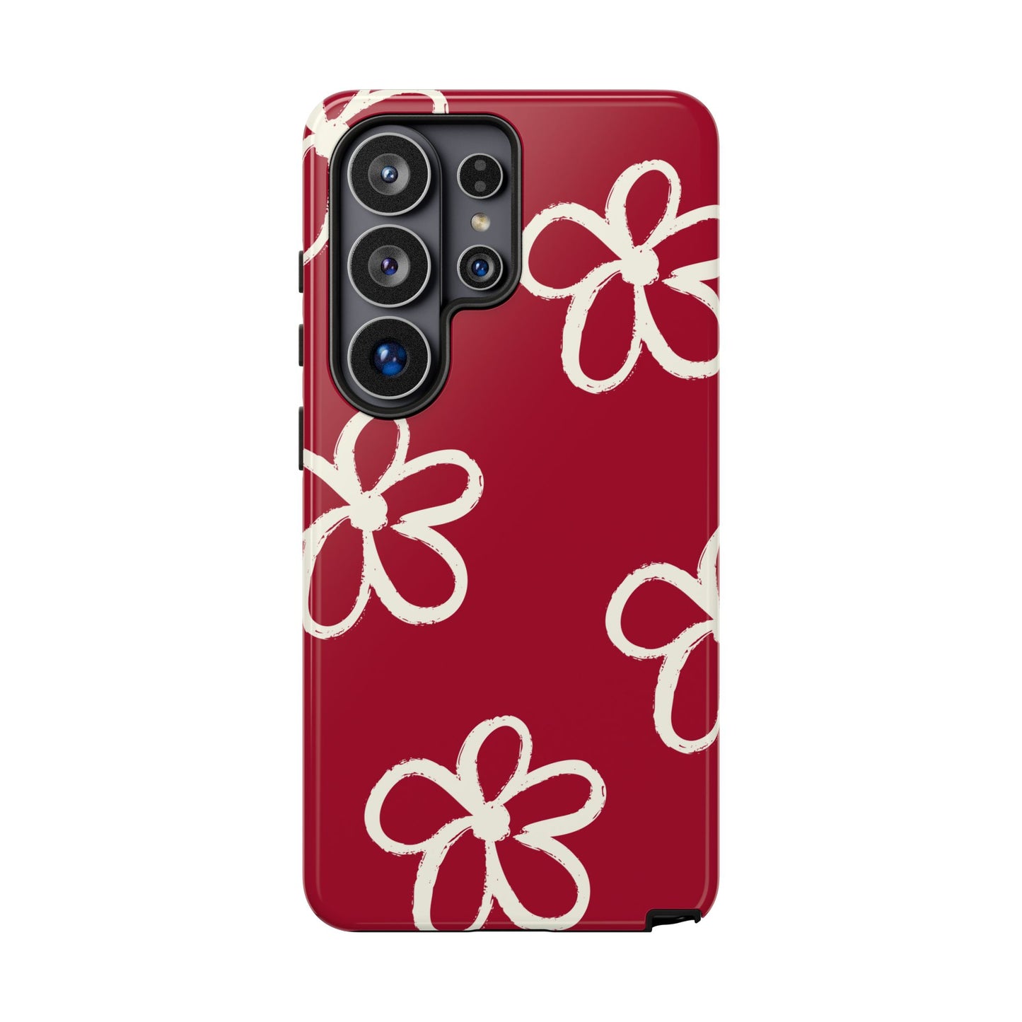 Red Floral Tough Phone Case — Hand-Drawn White Flowers on Burgundy