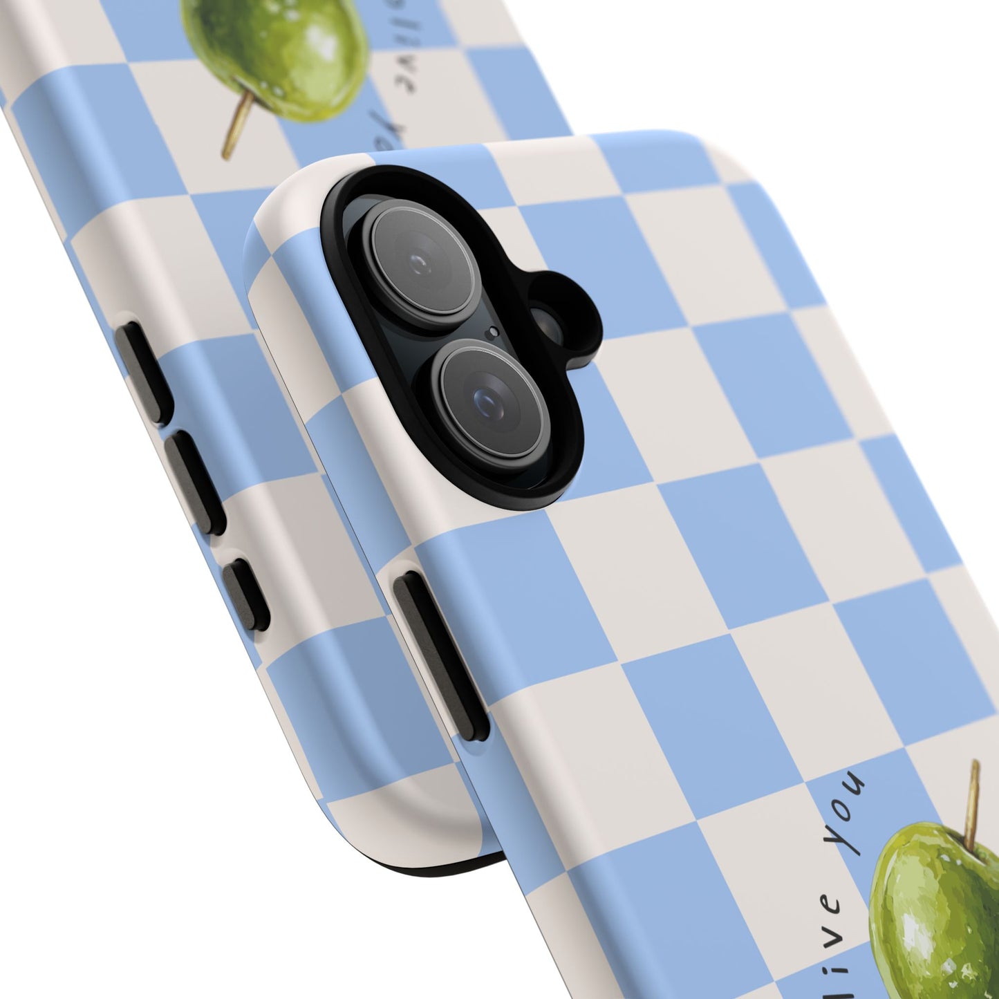 Blue Checkered Phone Case — 'Olive You' Patterned Protective Cover