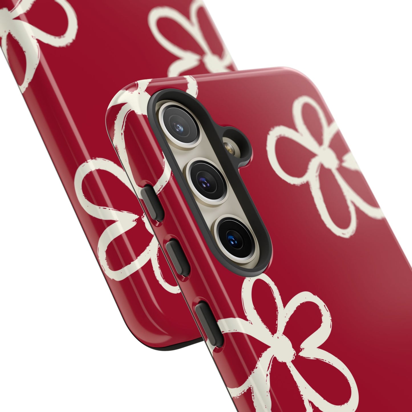 Red Floral Tough Phone Case — Hand-Drawn White Flowers on Burgundy