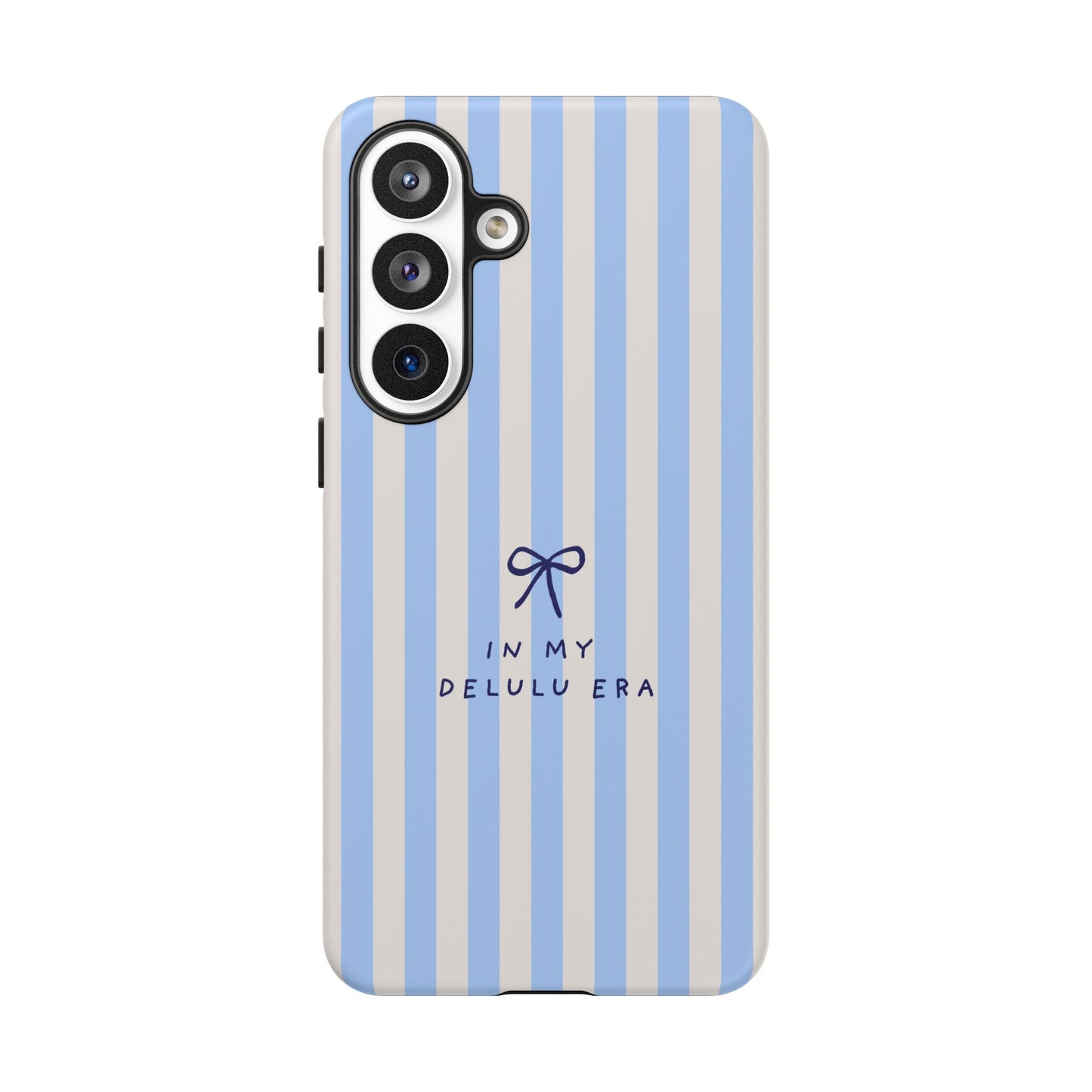 Striped Blue Phone Case — "In My Delulu Era" Cute Bow Design