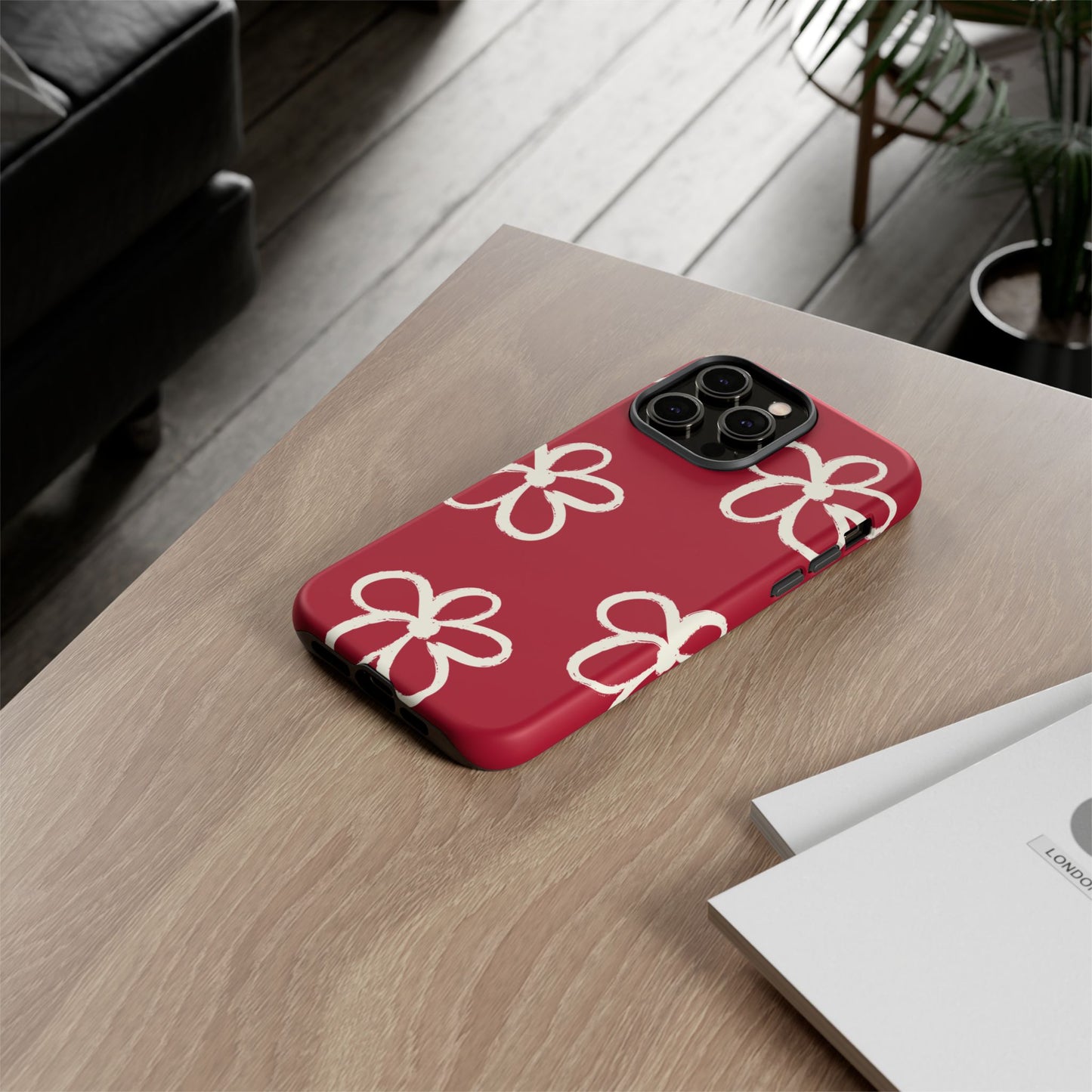 Red Floral Tough Phone Case — Hand-Drawn White Flowers on Burgundy