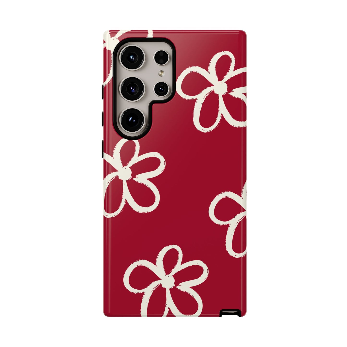 Red Floral Tough Phone Case — Hand-Drawn White Flowers on Burgundy