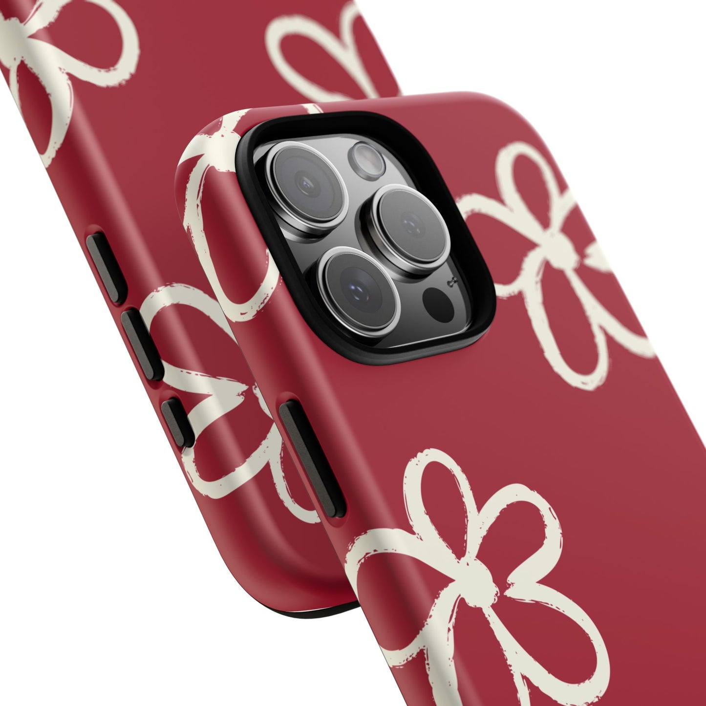 Red Floral Tough Phone Case — Hand-Drawn White Flowers on Burgundy