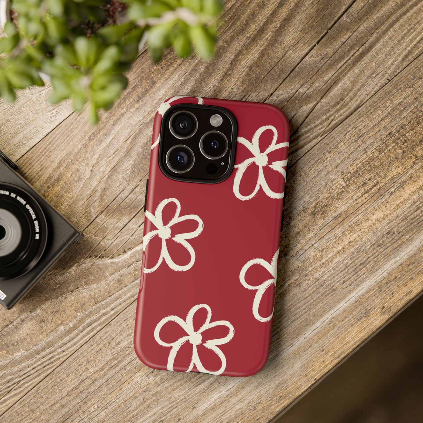Red Floral Tough Phone Case — Hand-Drawn White Flowers on Burgundy