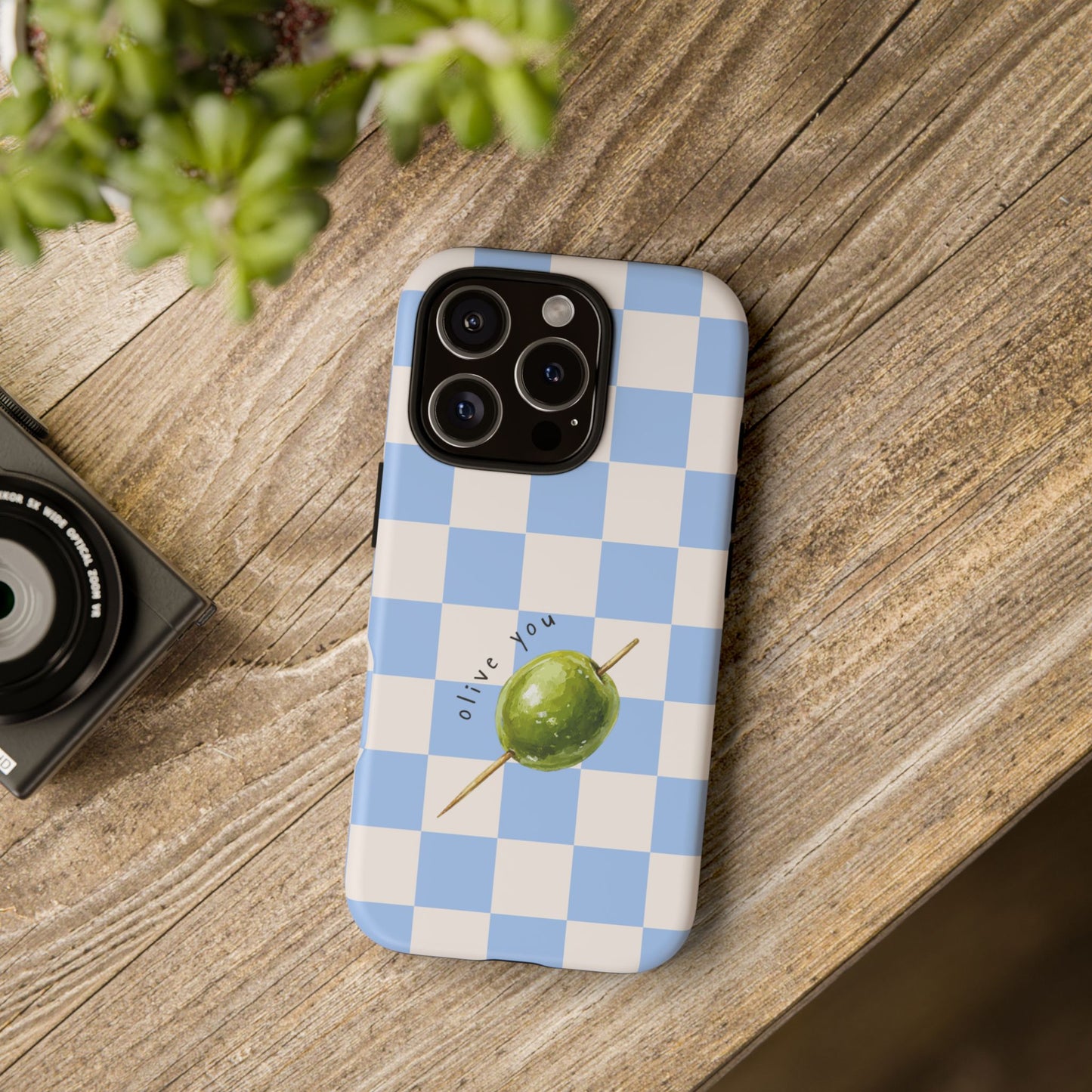 Blue Checkered Phone Case — 'Olive You' Patterned Protective Cover