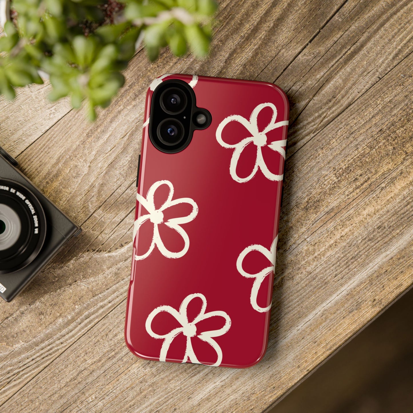 Red Floral Tough Phone Case — Hand-Drawn White Flowers on Burgundy