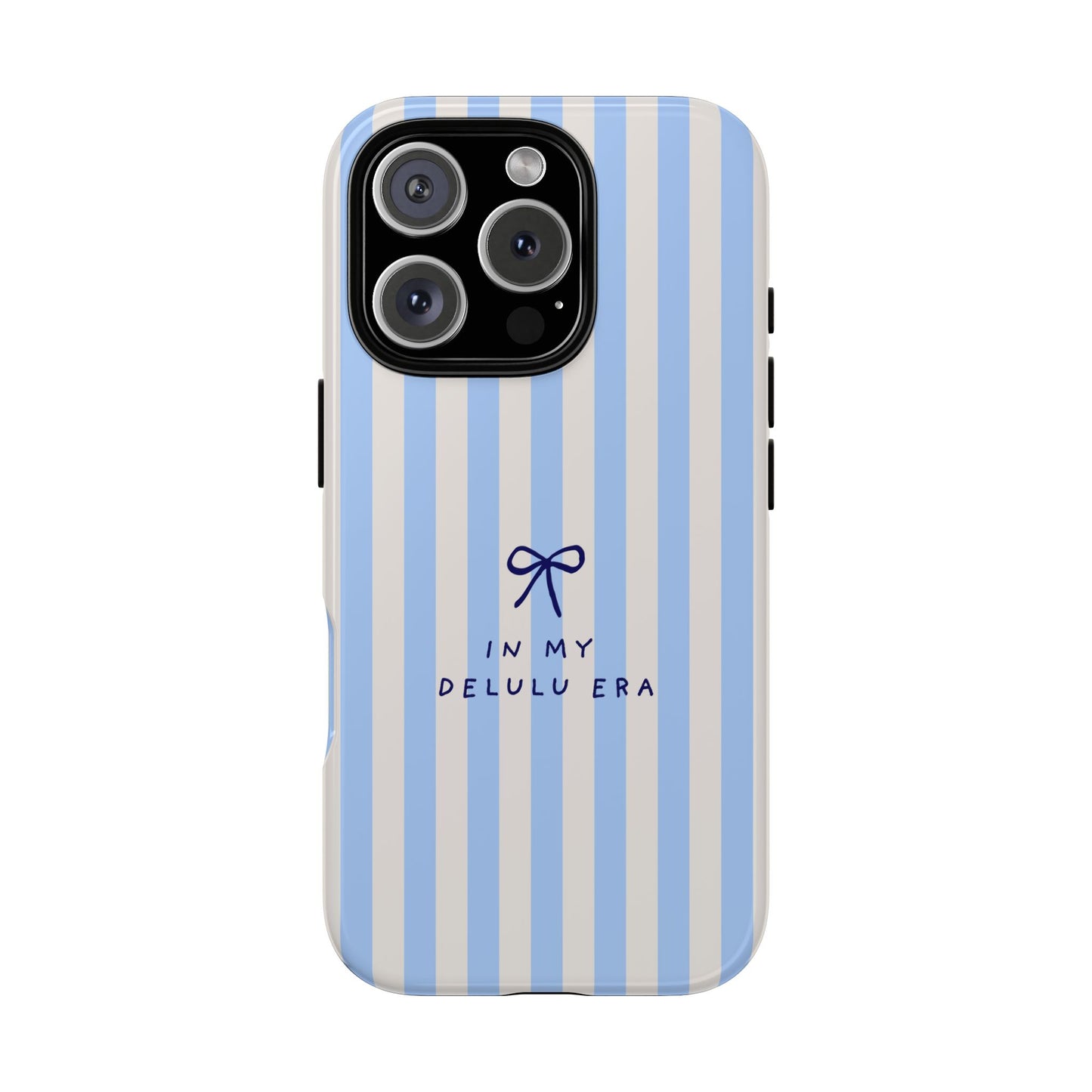 Striped Blue Phone Case — "In My Delulu Era" Cute Bow Design