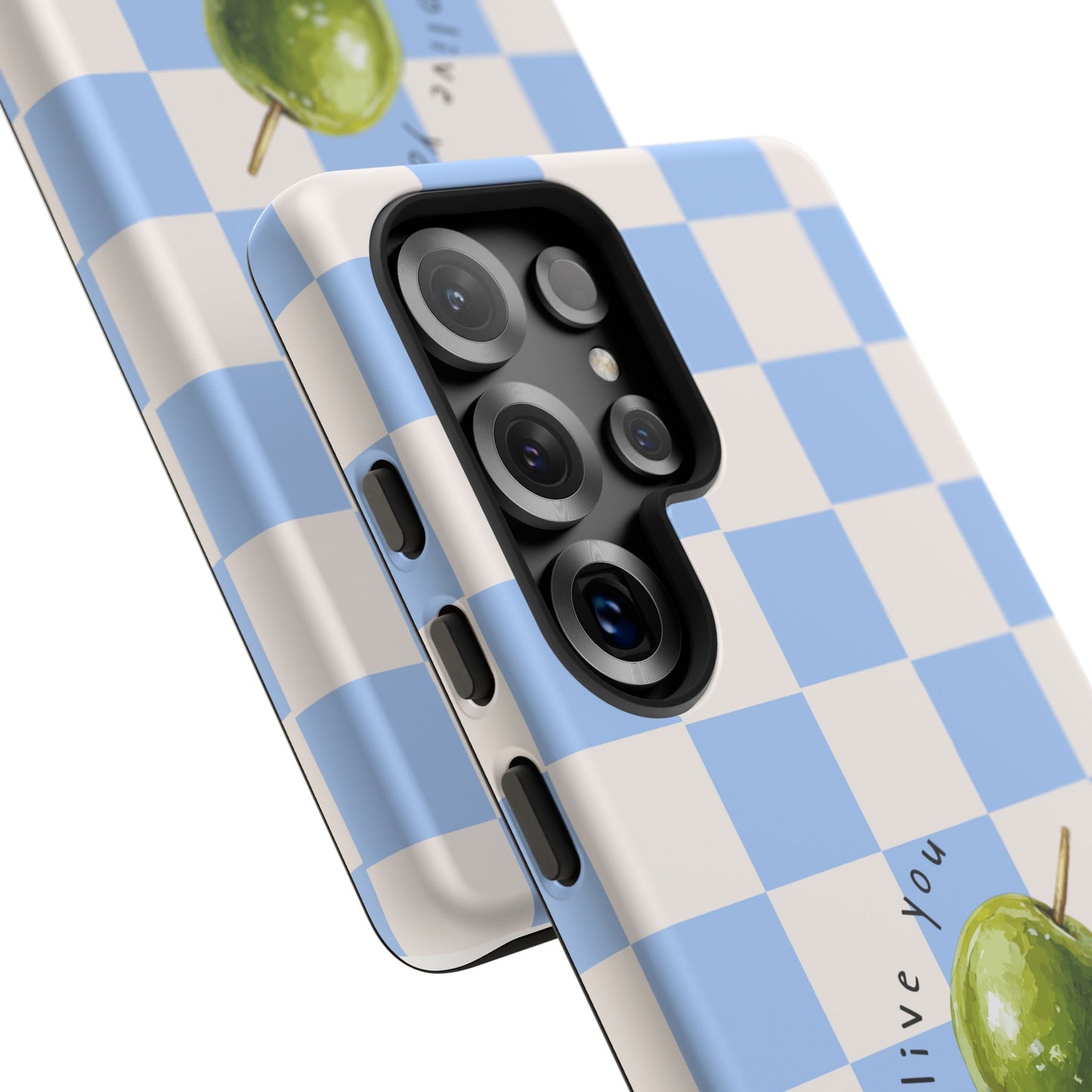 Blue Checkered Phone Case — 'Olive You' Patterned Protective Cover