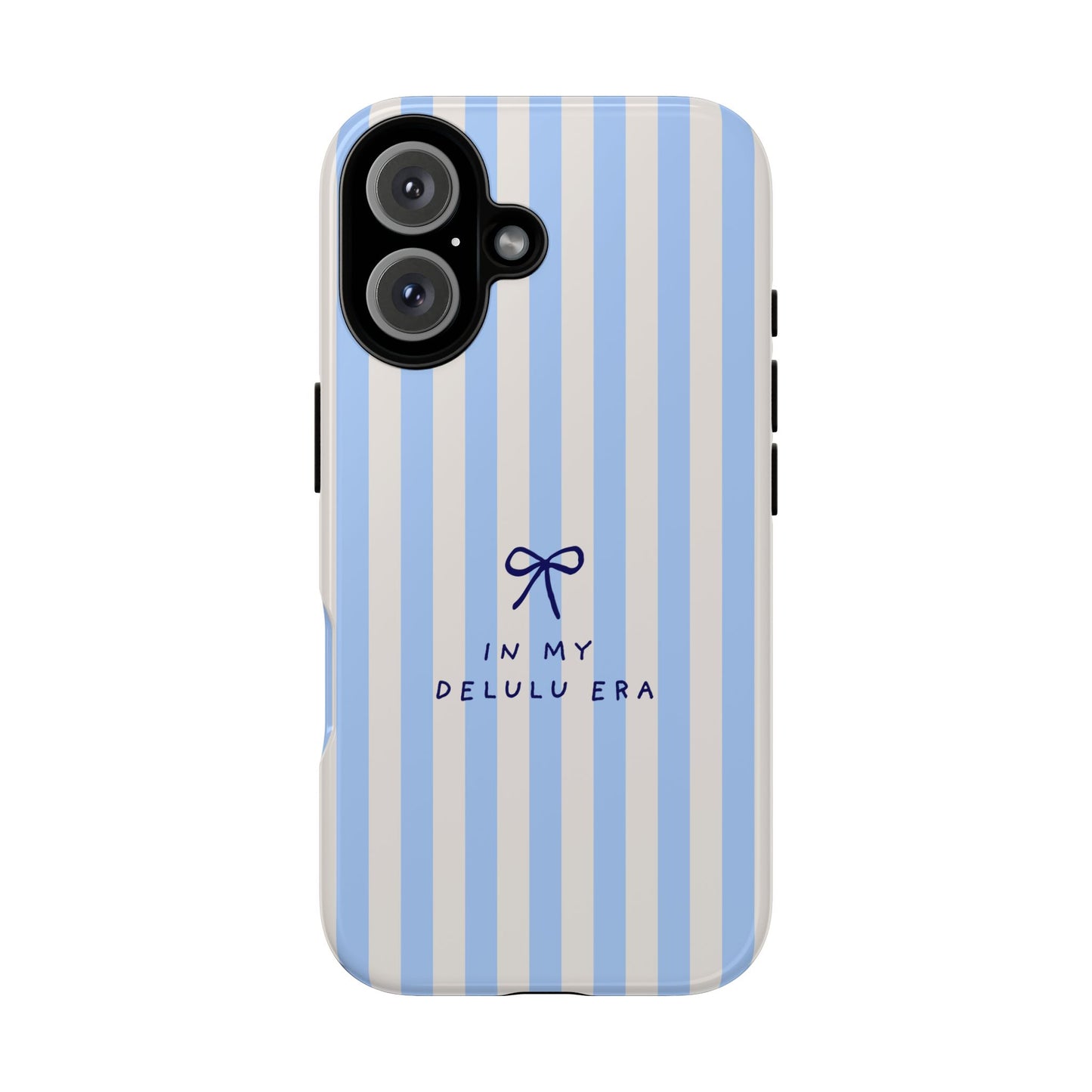 Striped Blue Phone Case — "In My Delulu Era" Cute Bow Design