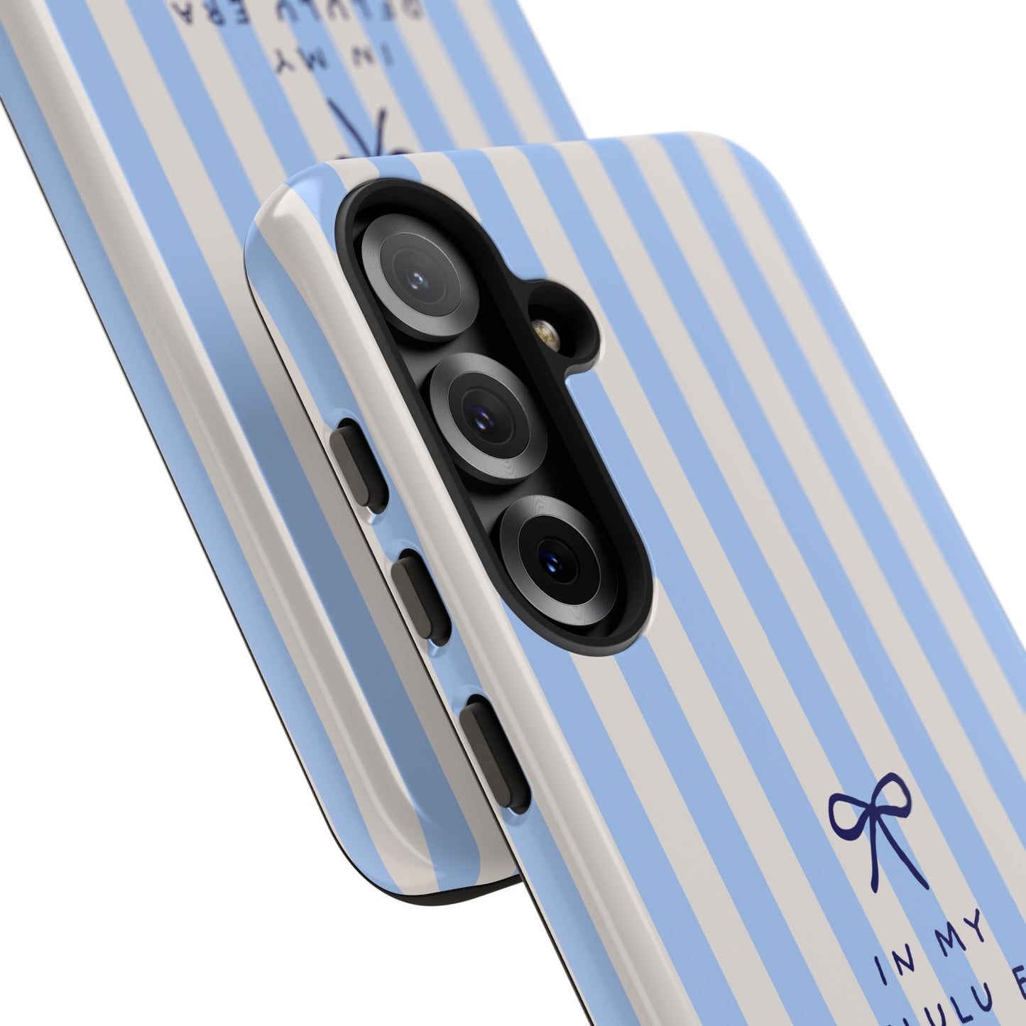 Striped Blue Phone Case — "In My Delulu Era" Cute Bow Design