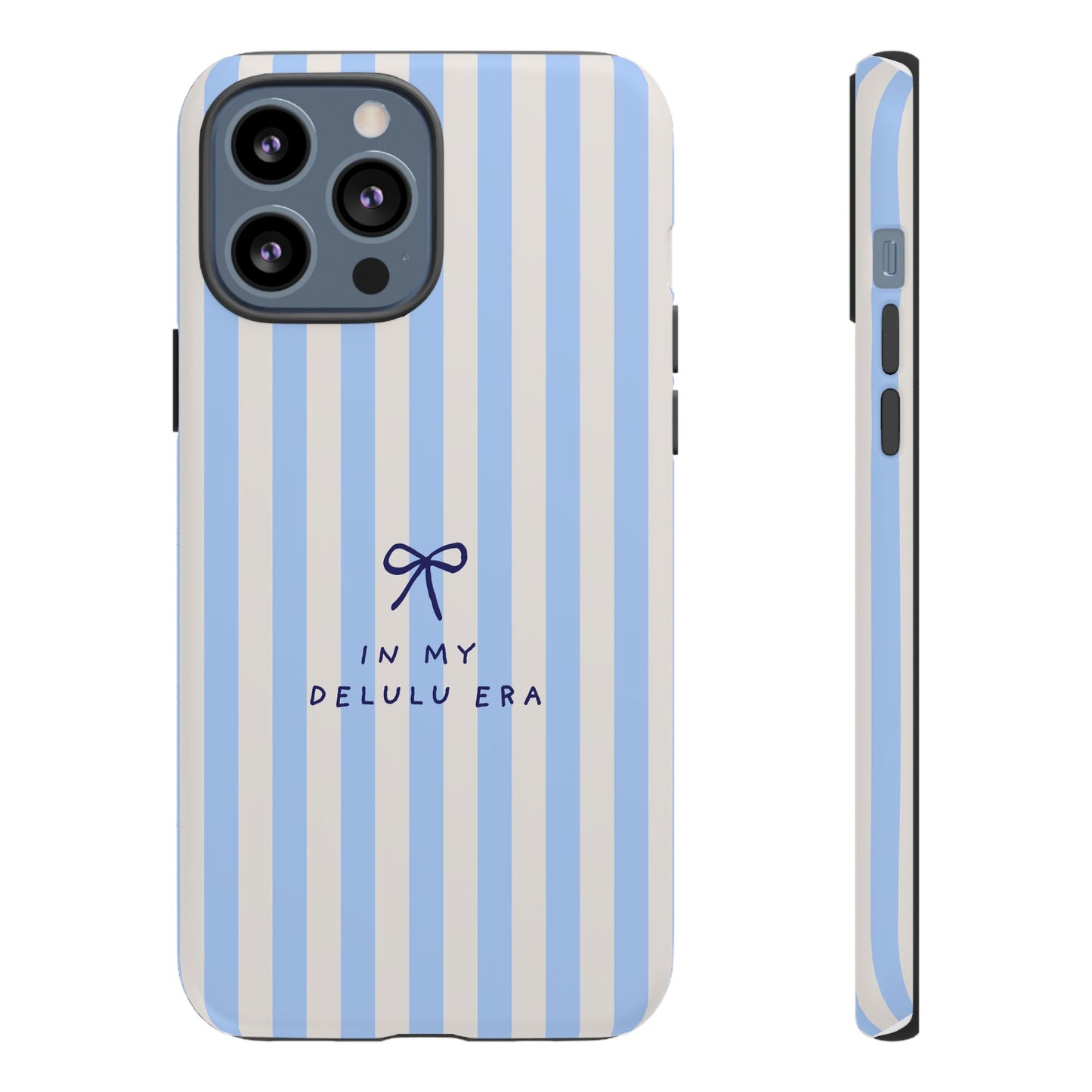 Striped Blue Phone Case — "In My Delulu Era" Cute Bow Design