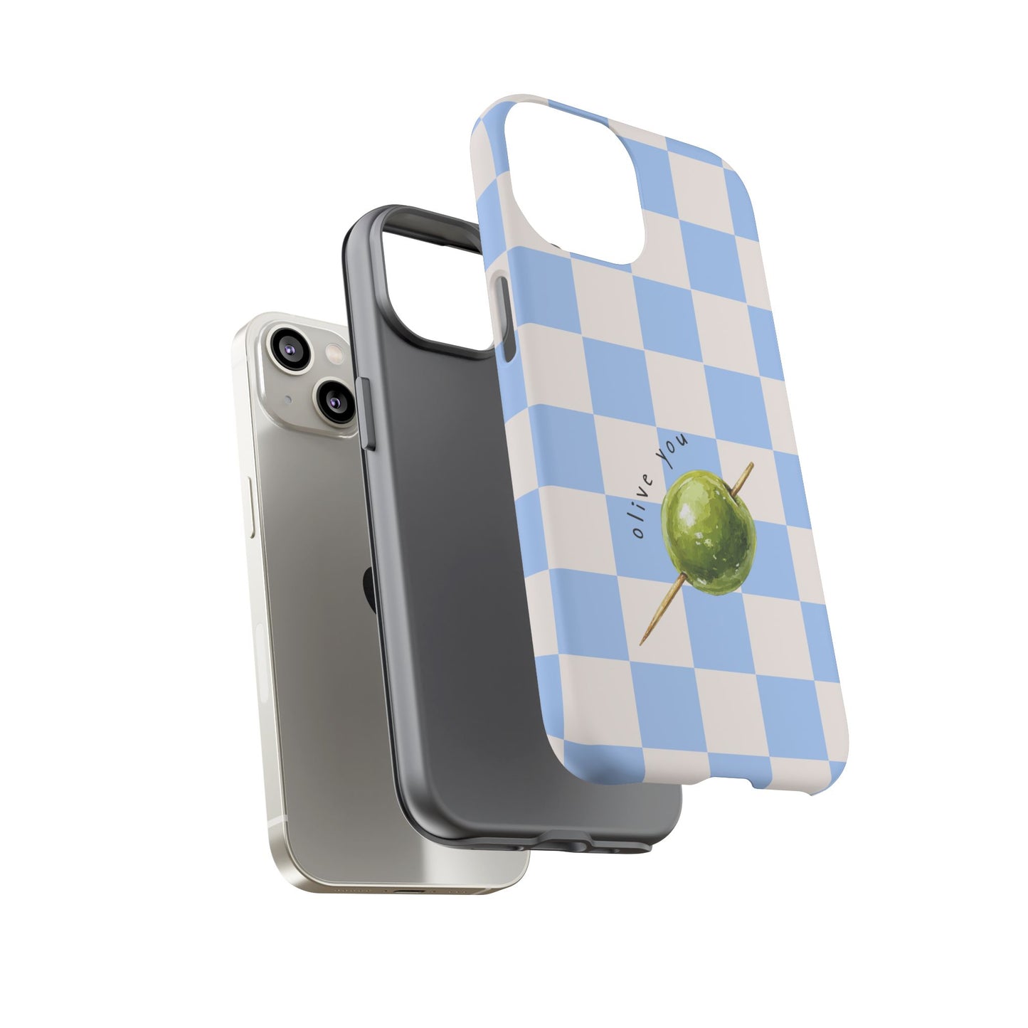 Blue Checkered Phone Case — 'Olive You' Patterned Protective Cover