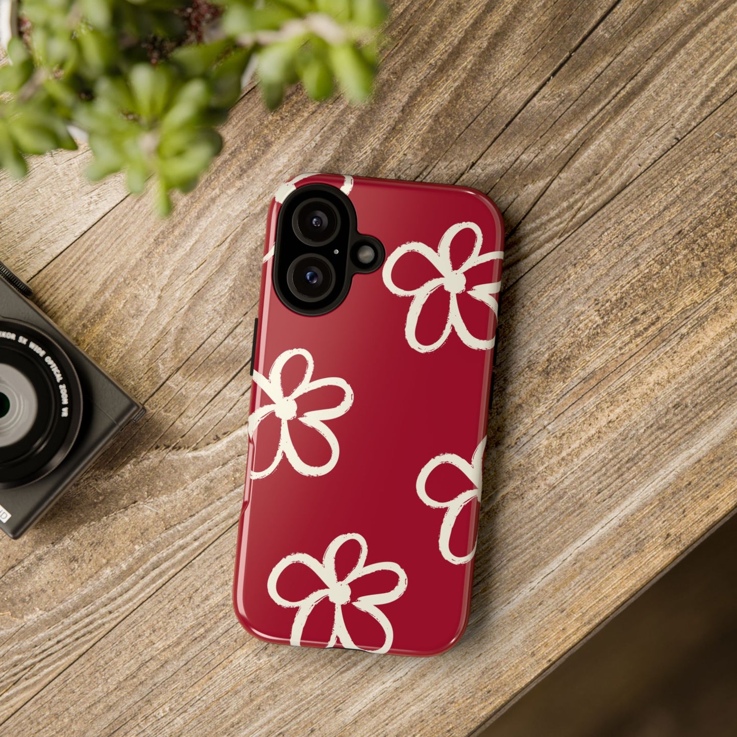 Red Floral Tough Phone Case — Hand-Drawn White Flowers on Burgundy