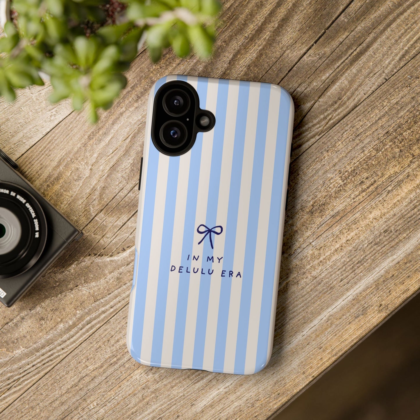 Striped Blue Phone Case — "In My Delulu Era" Cute Bow Design
