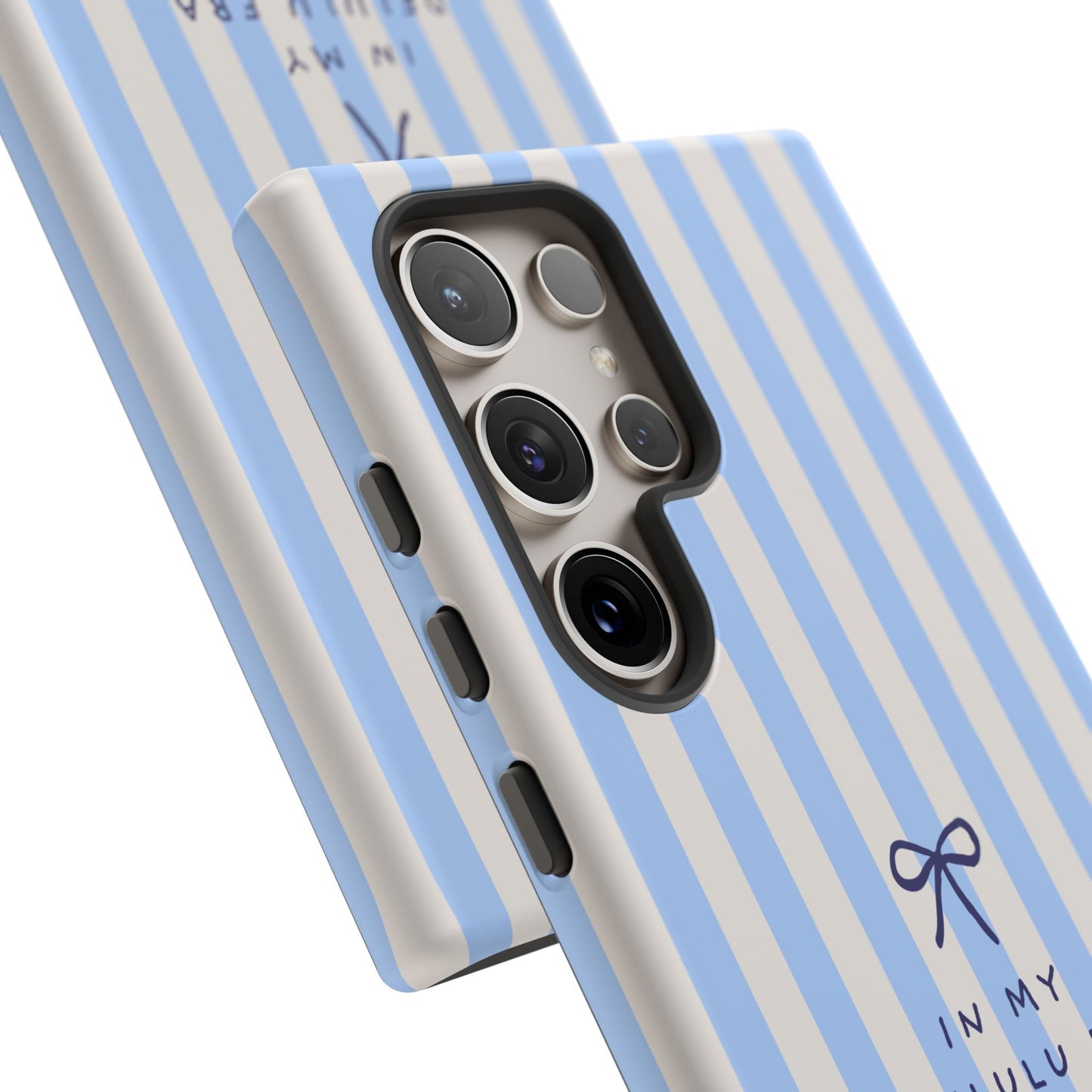 Striped Blue Phone Case — "In My Delulu Era" Cute Bow Design