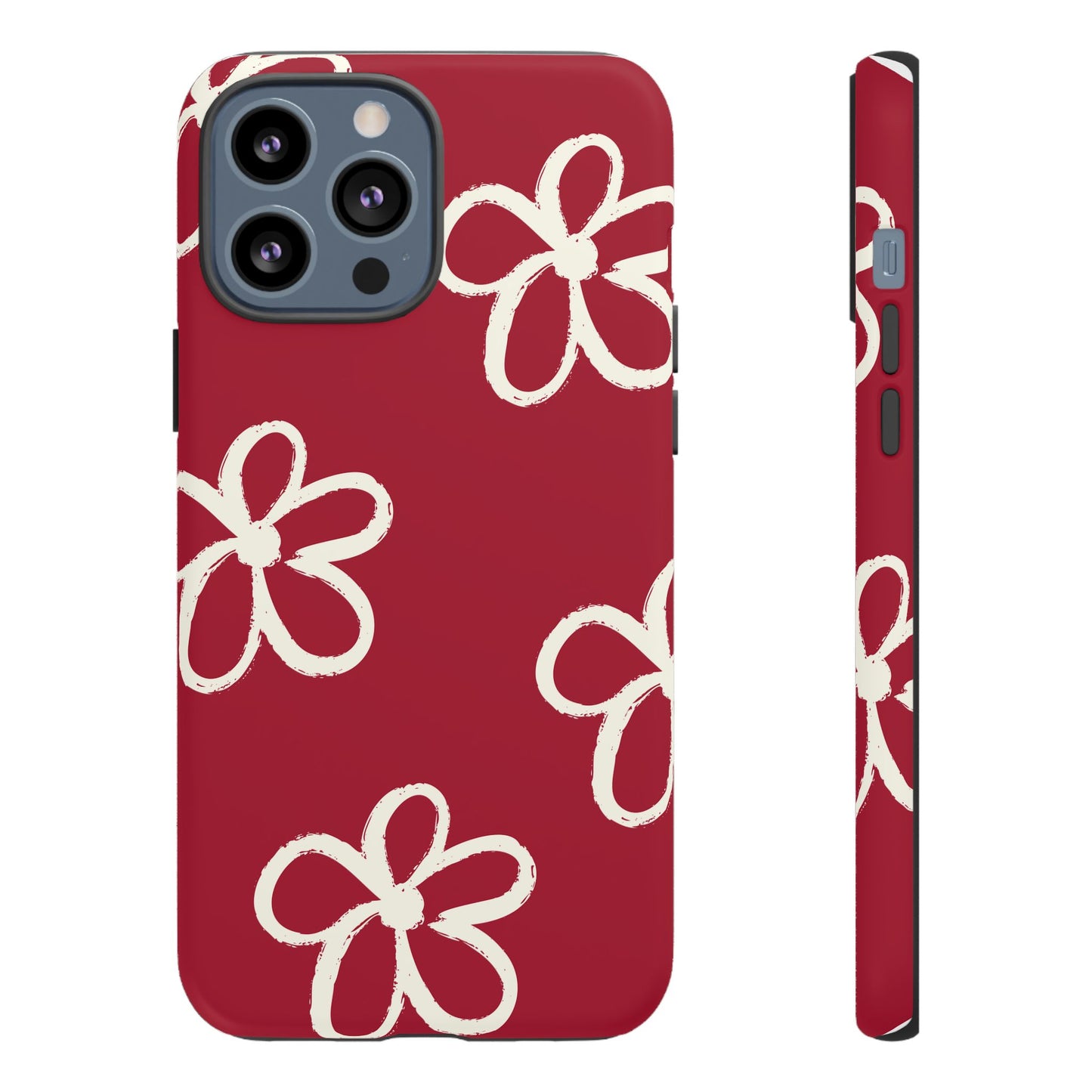 Red Floral Tough Phone Case — Hand-Drawn White Flowers on Burgundy