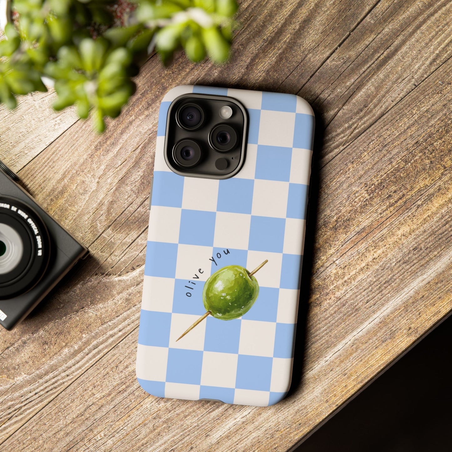 Blue Checkered Phone Case — 'Olive You' Patterned Protective Cover