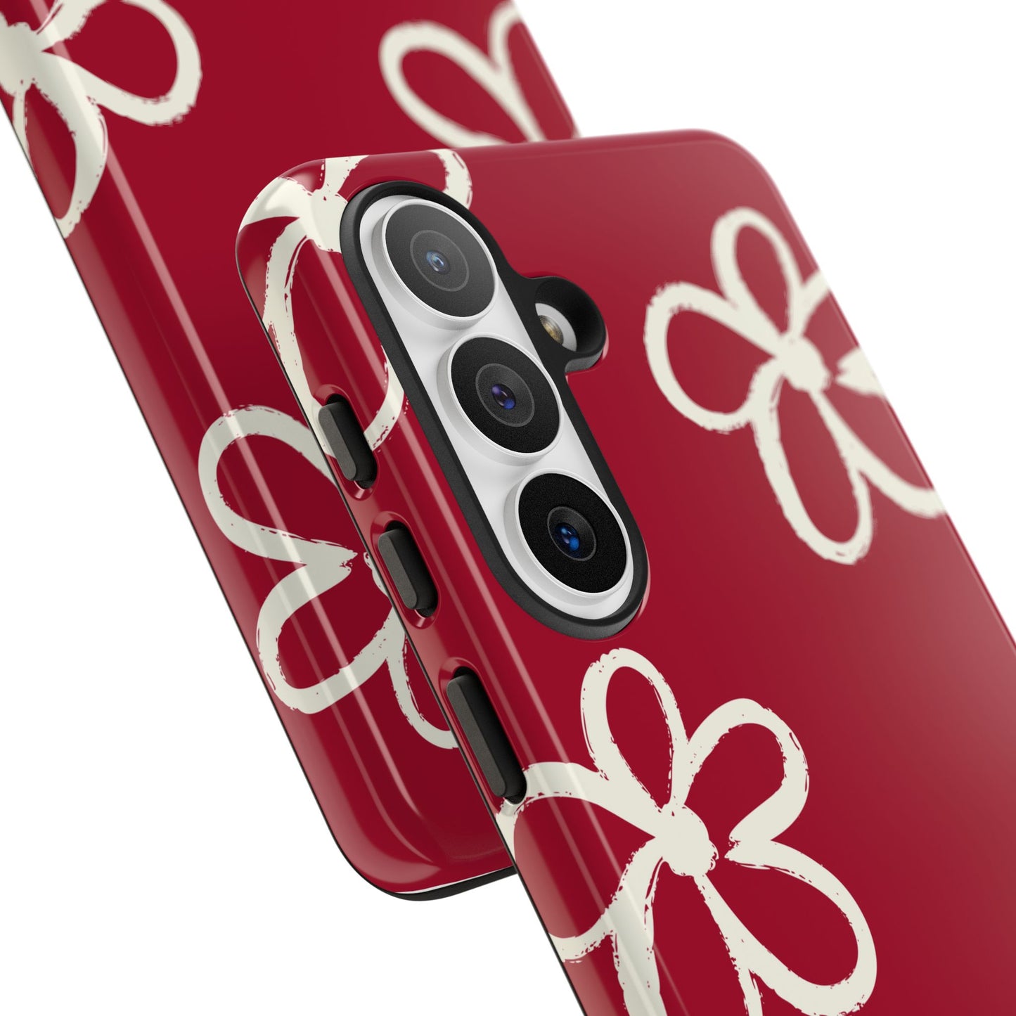 Red Floral Tough Phone Case — Hand-Drawn White Flowers on Burgundy