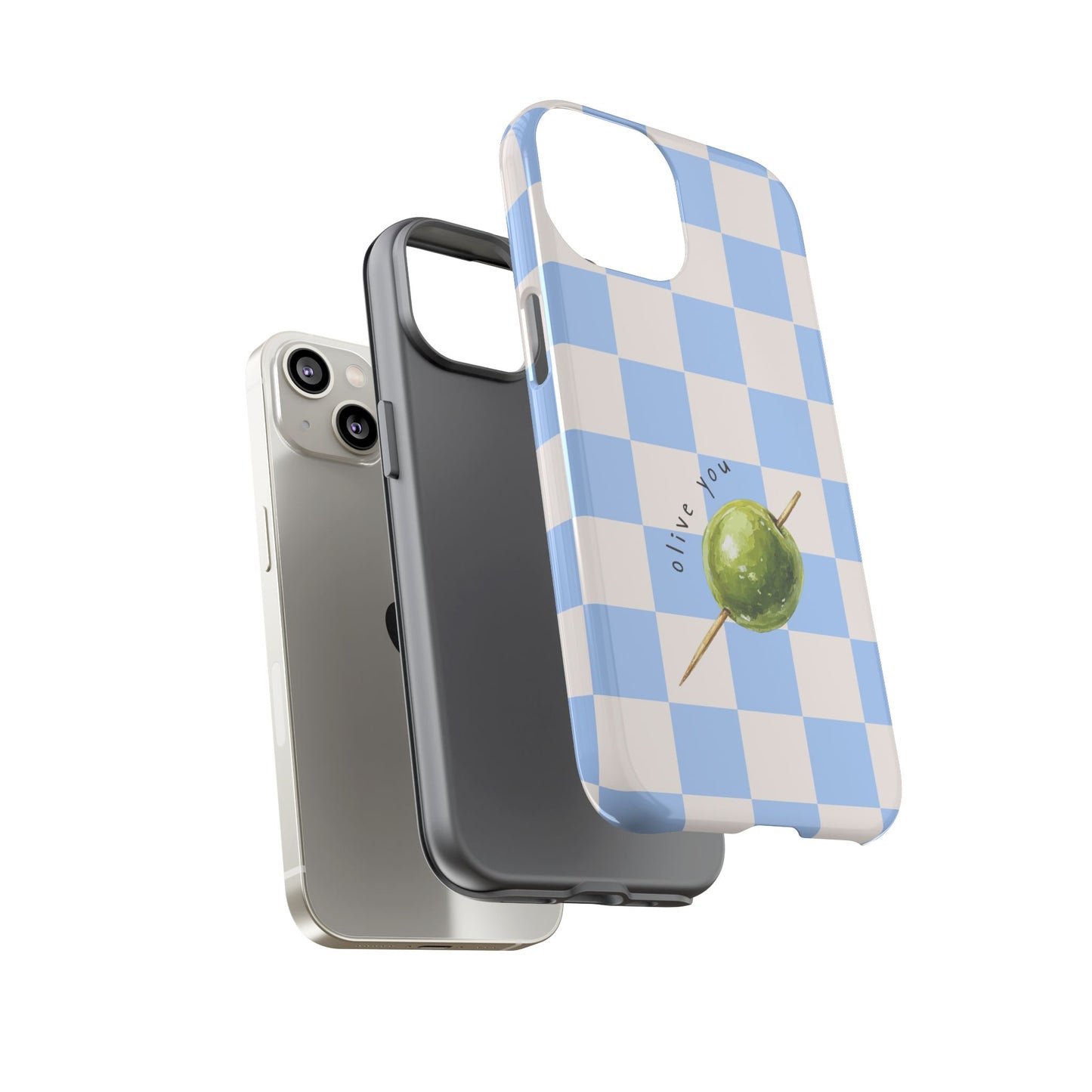 Blue Checkered Phone Case — 'Olive You' Patterned Protective Cover