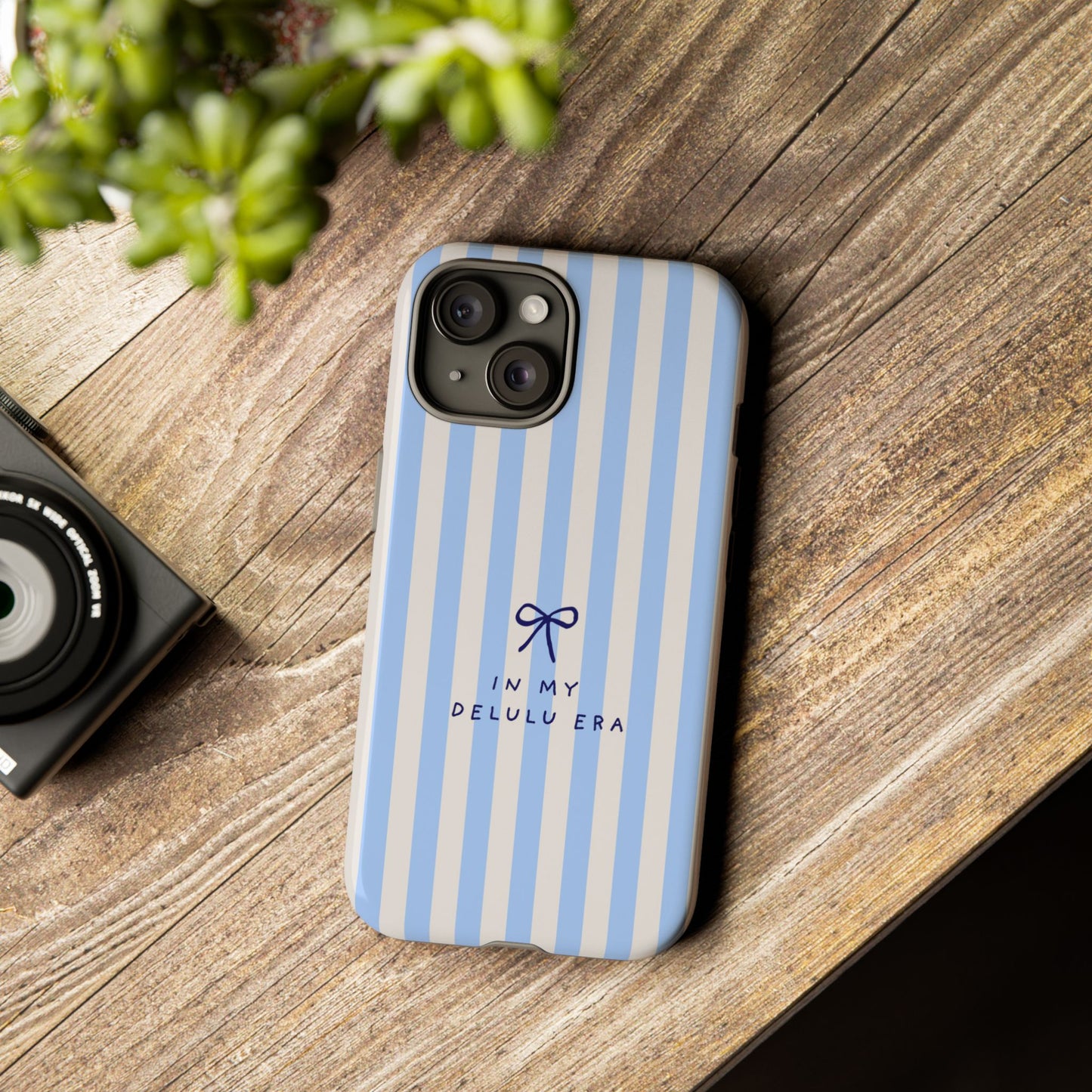 Striped Blue Phone Case — "In My Delulu Era" Cute Bow Design