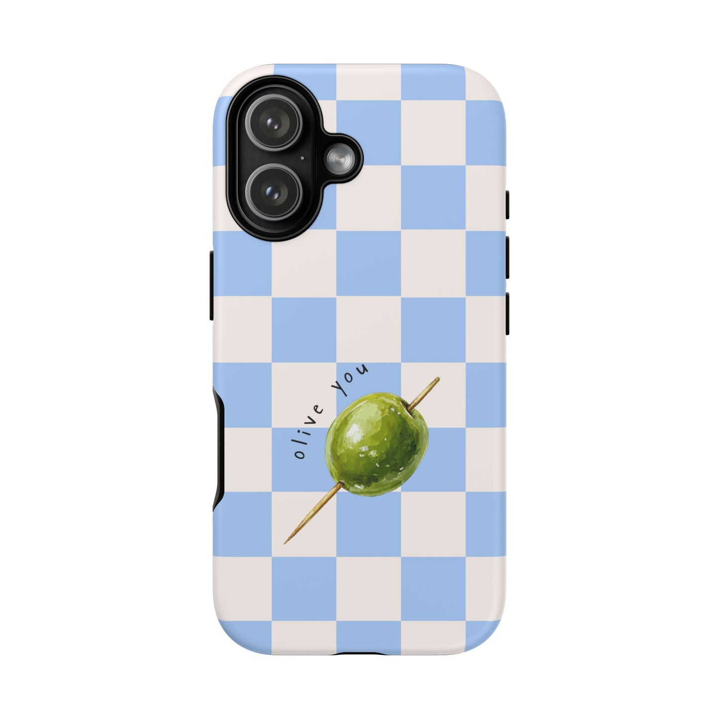 Blue Checkered Phone Case — 'Olive You' Patterned Protective Cover