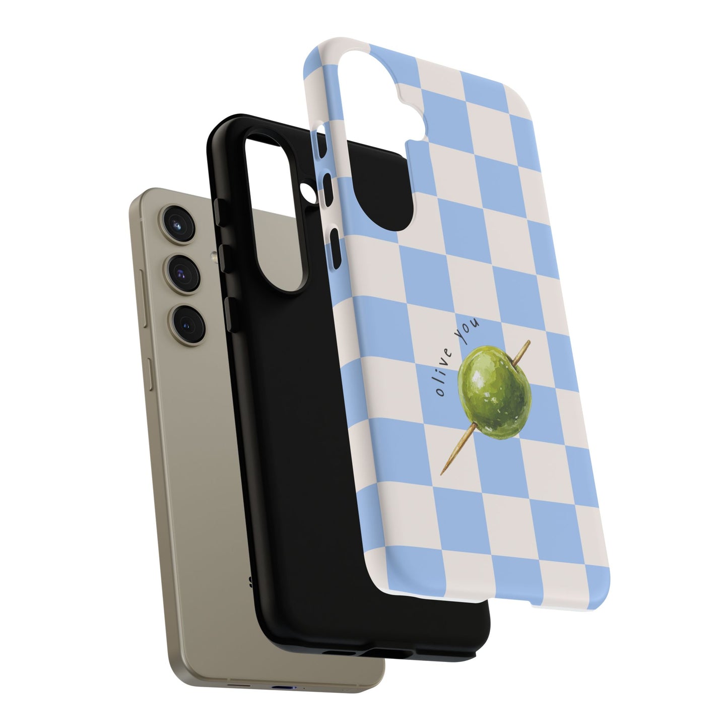 Blue Checkered Phone Case — 'Olive You' Patterned Protective Cover