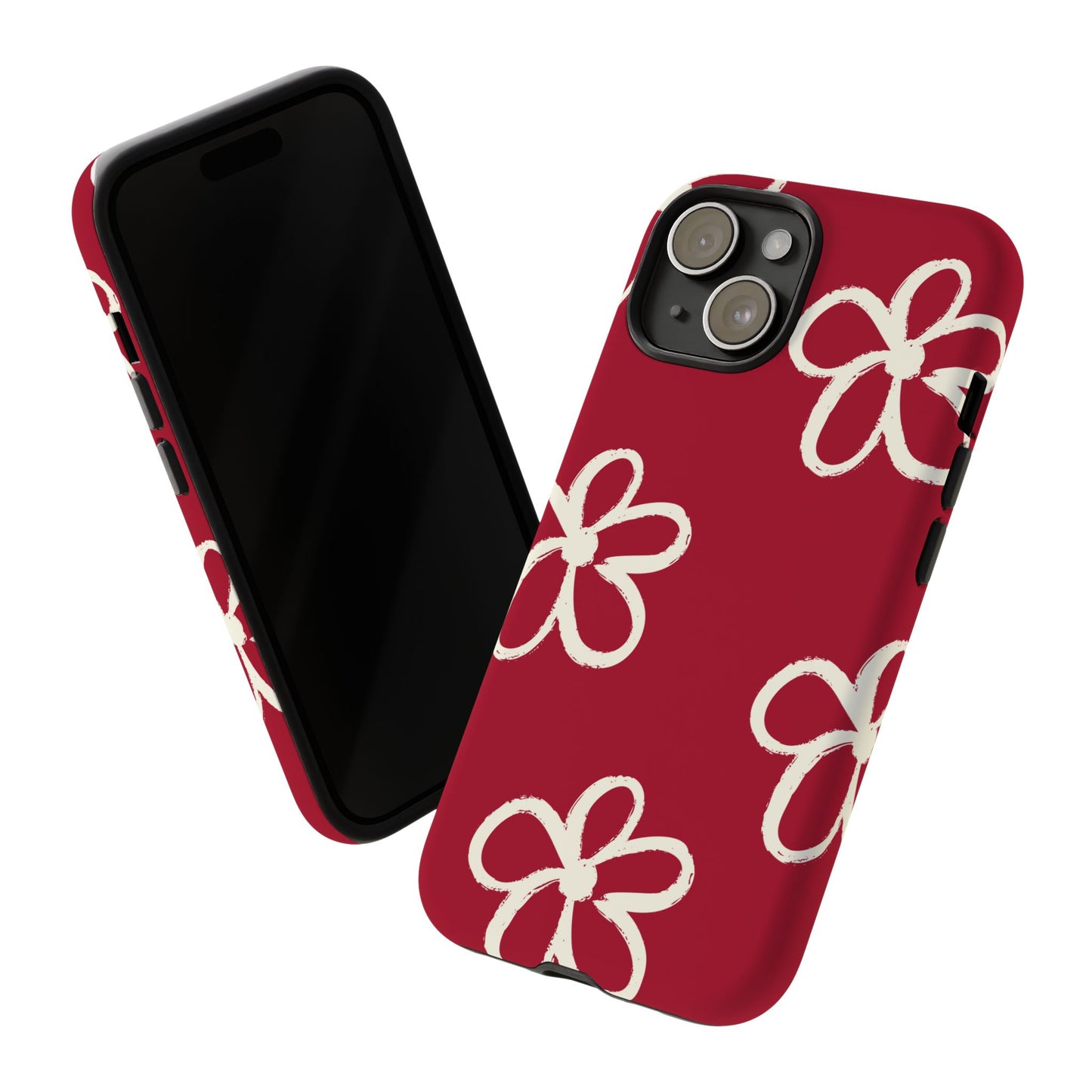 Red Floral Tough Phone Case — Hand-Drawn White Flowers on Burgundy