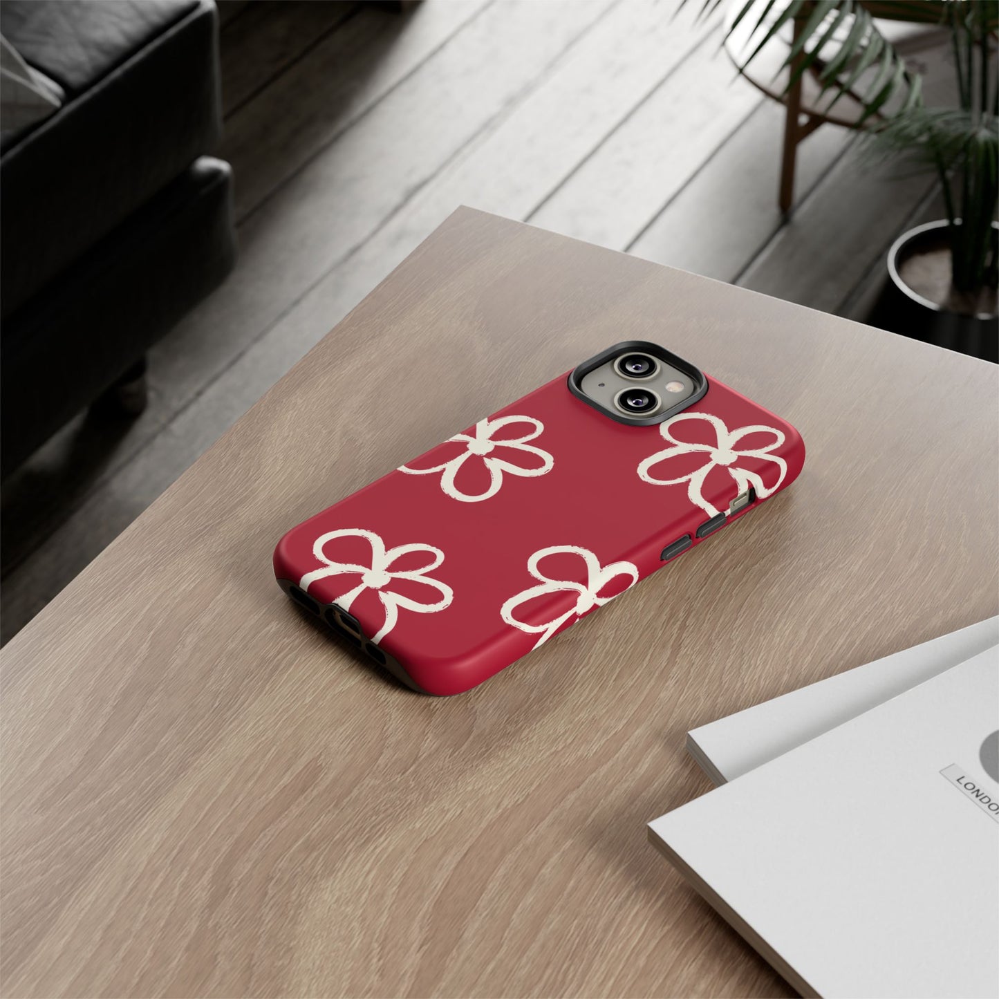 Red Floral Tough Phone Case — Hand-Drawn White Flowers on Burgundy