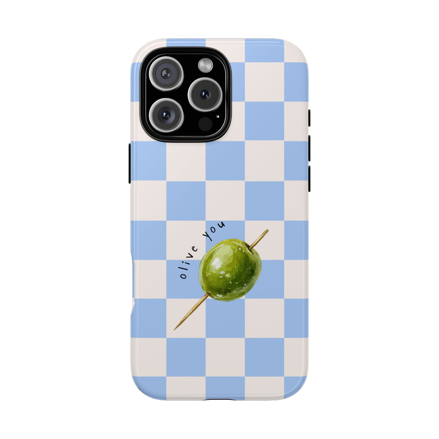 Blue Checkered Phone Case — 'Olive You' Patterned Protective Cover