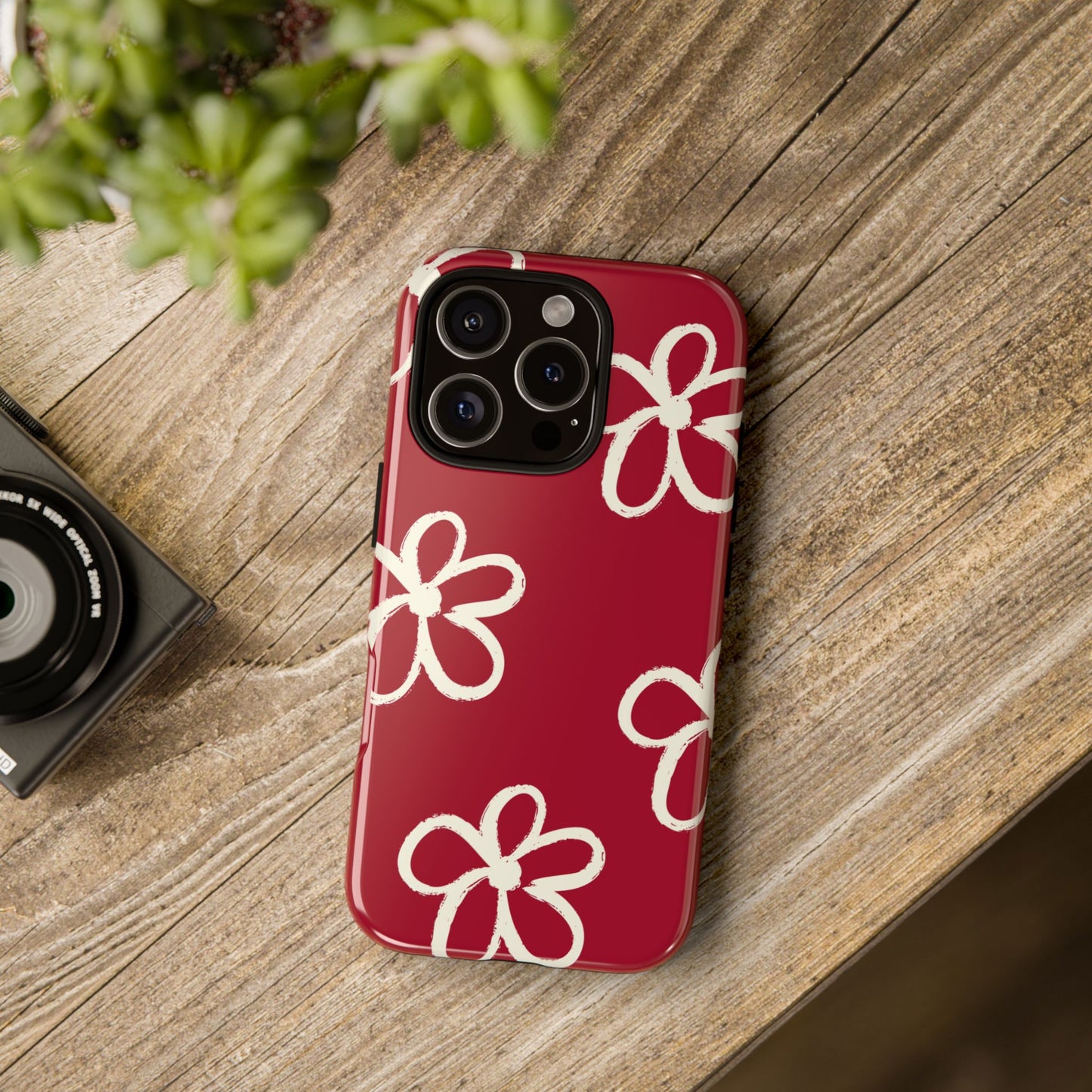 Red Floral Tough Phone Case — Hand-Drawn White Flowers on Burgundy