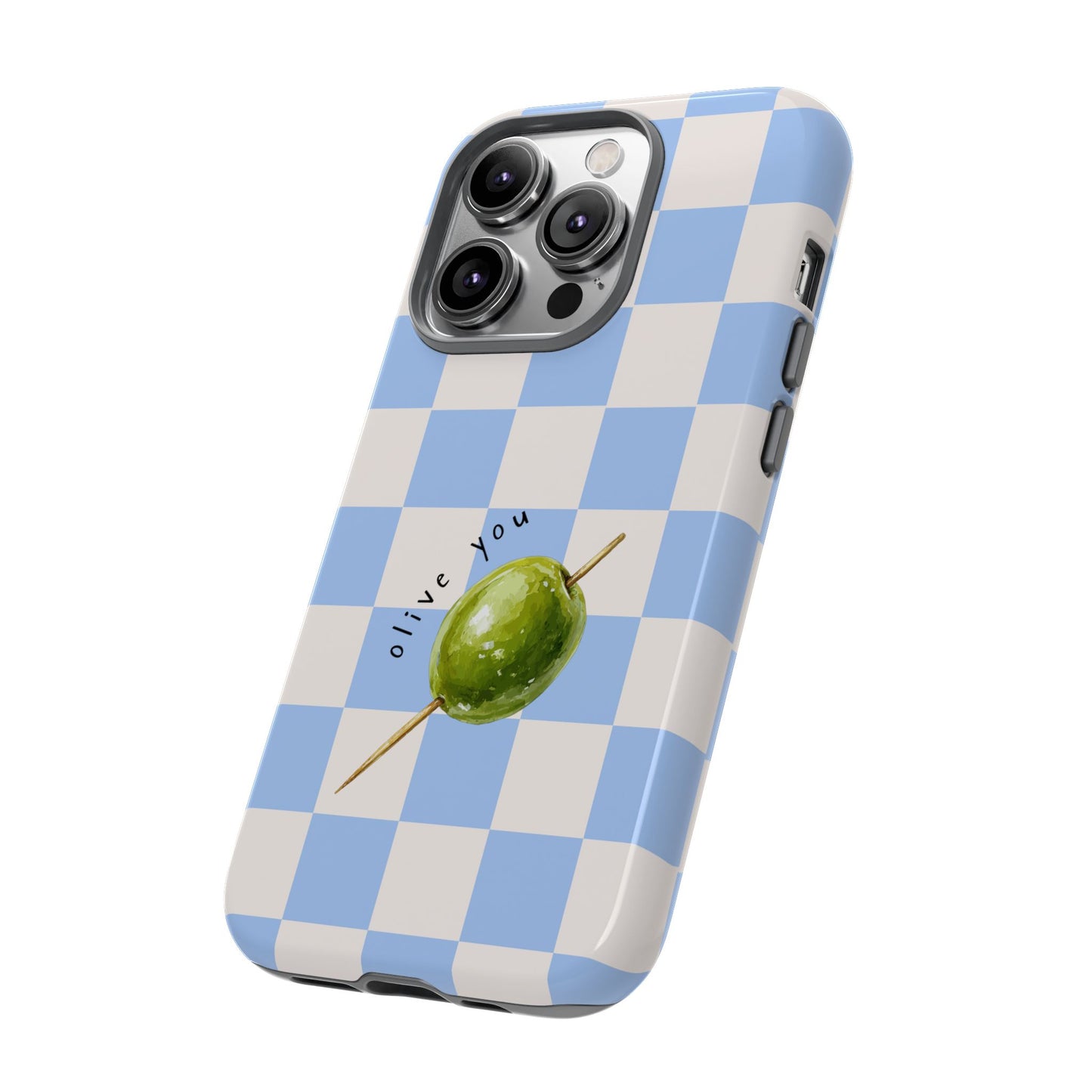 Blue Checkered Phone Case — 'Olive You' Patterned Protective Cover