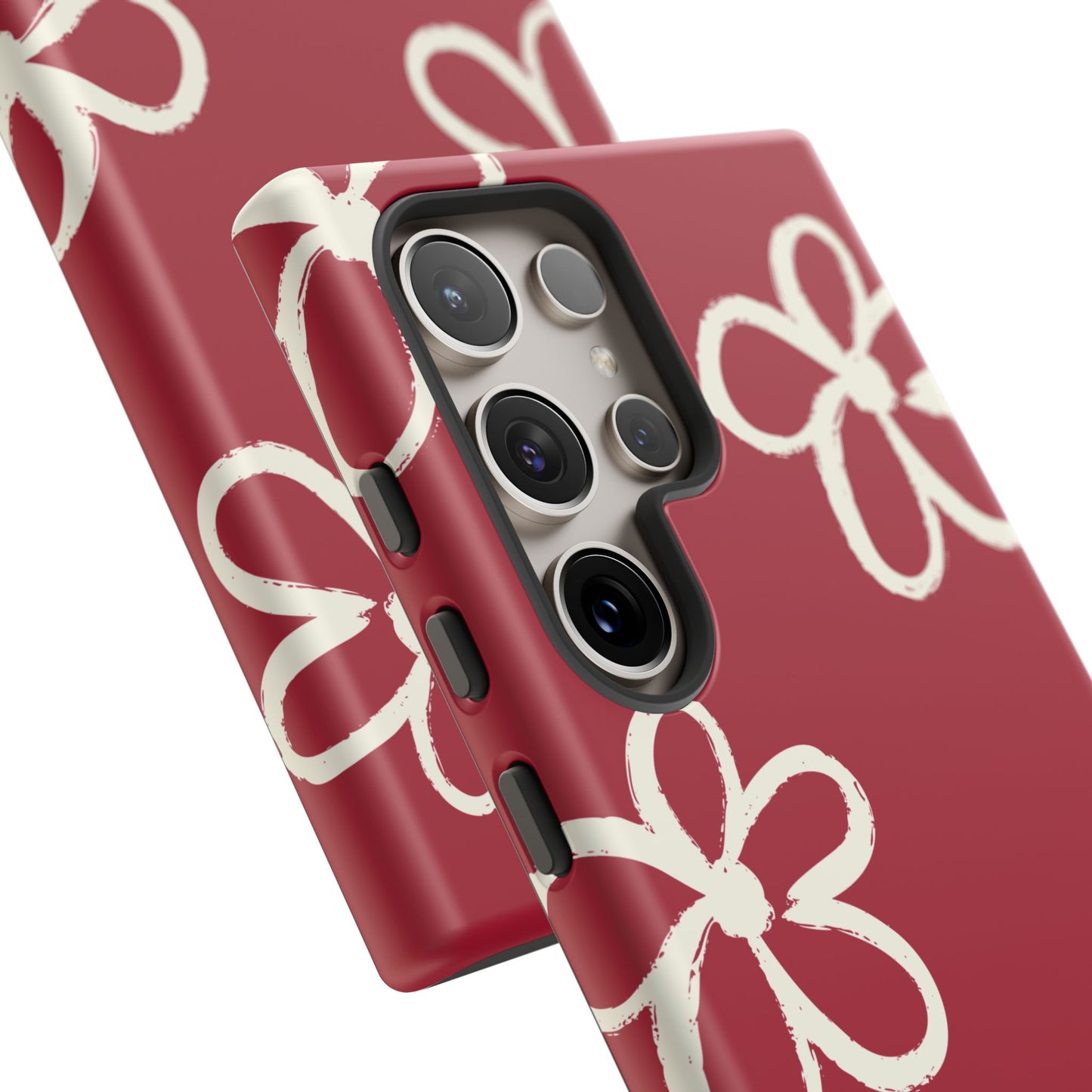 Red Floral Tough Phone Case — Hand-Drawn White Flowers on Burgundy
