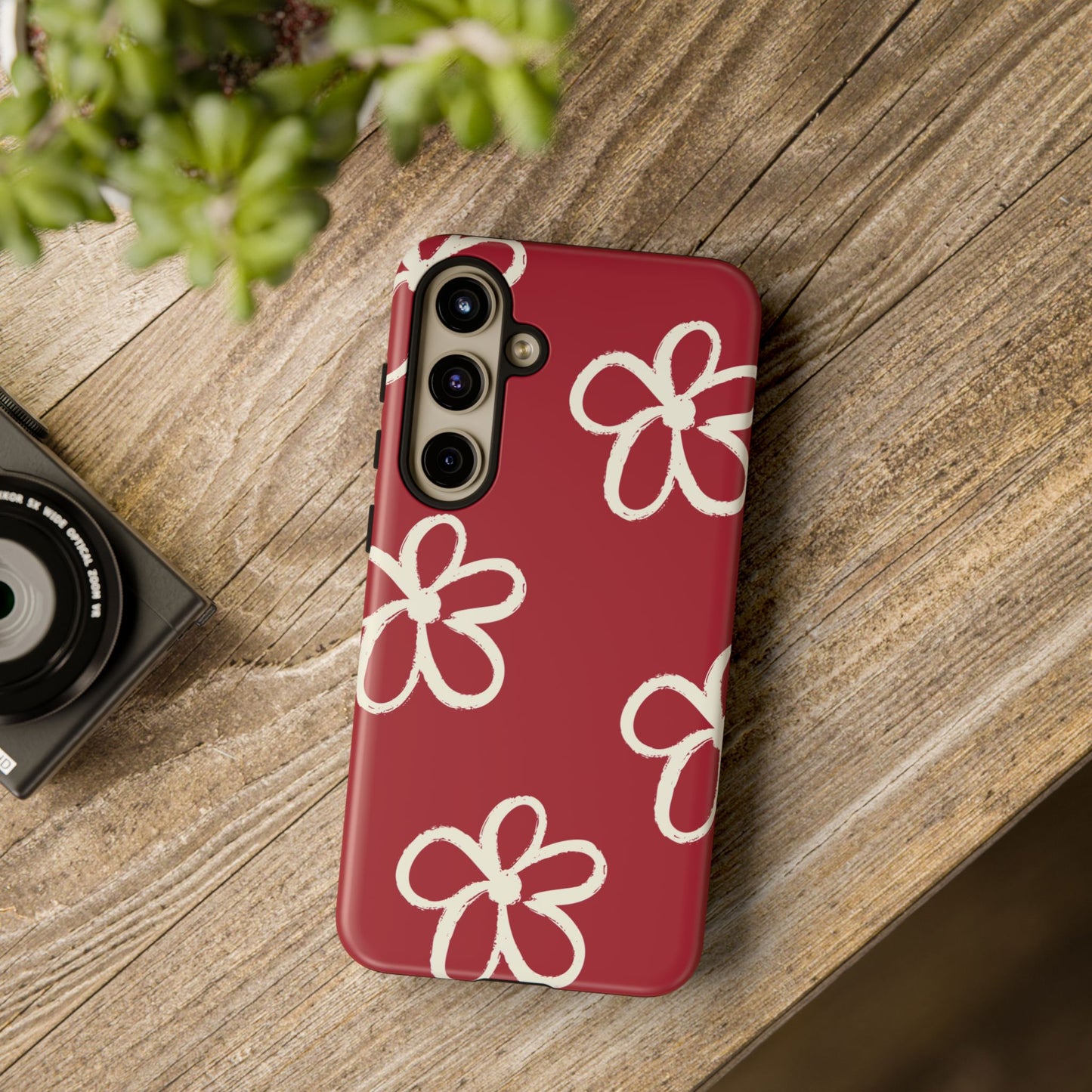 Red Floral Tough Phone Case — Hand-Drawn White Flowers on Burgundy