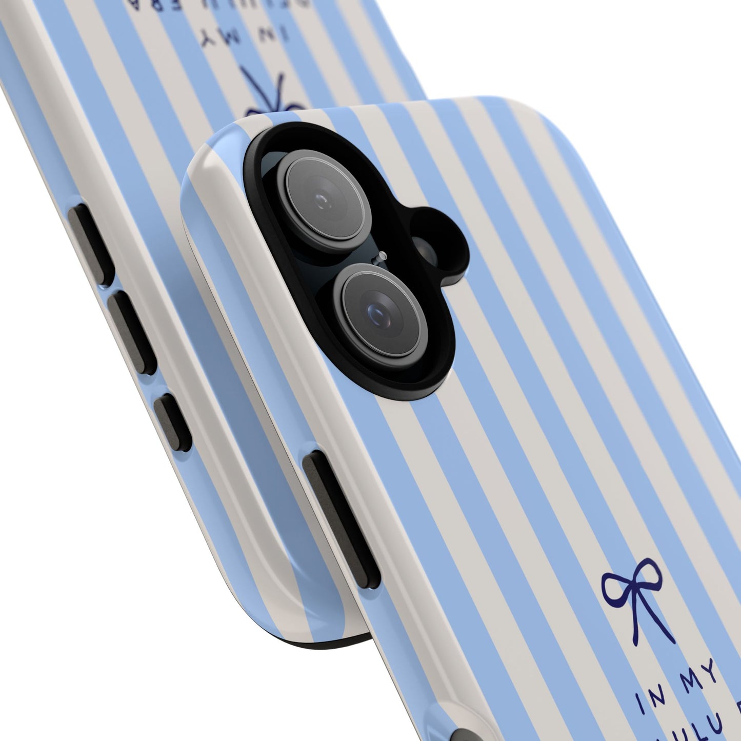 Striped Blue Phone Case — "In My Delulu Era" Cute Bow Design