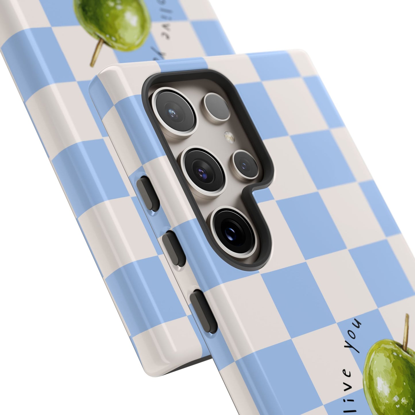 Blue Checkered Phone Case — 'Olive You' Patterned Protective Cover