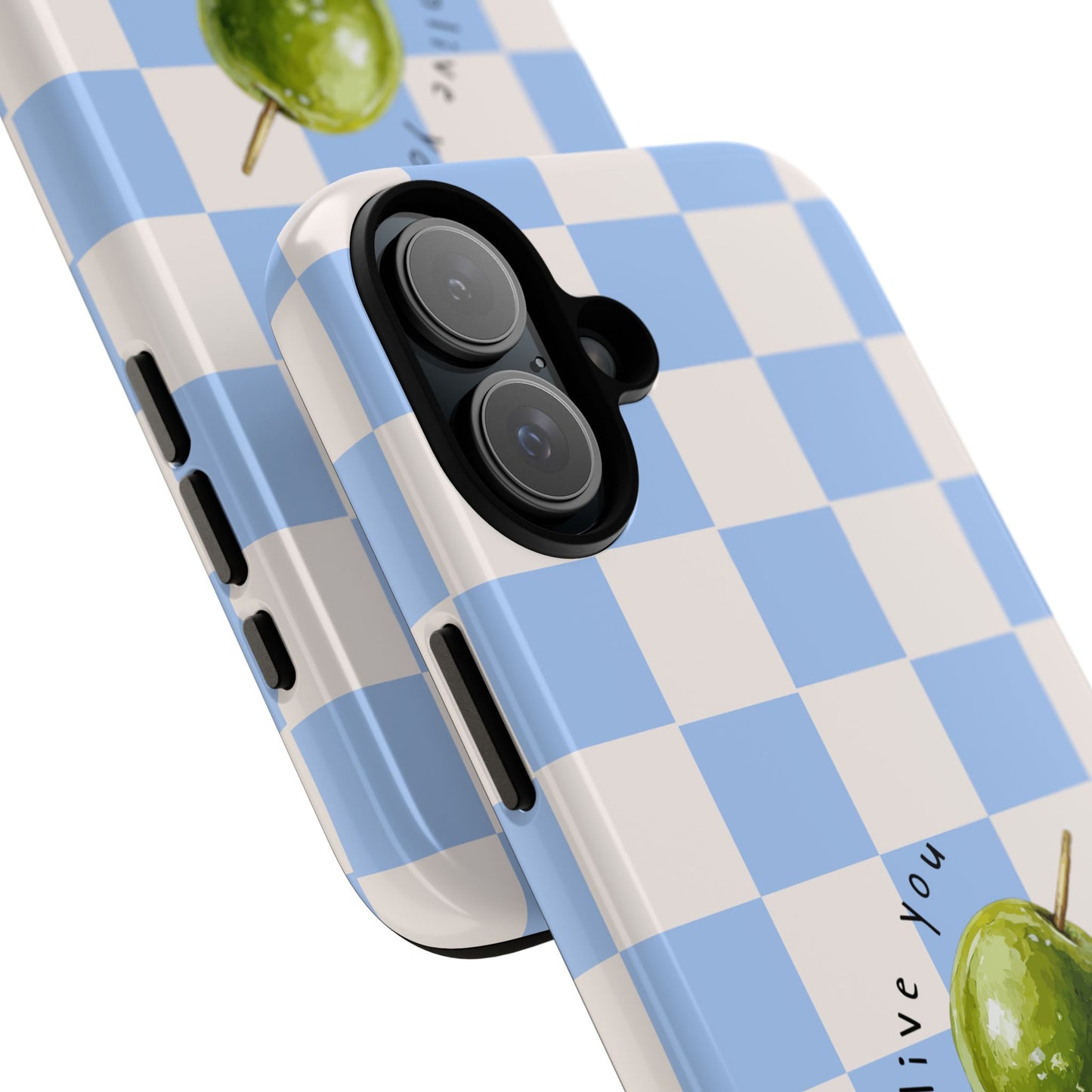 Blue Checkered Phone Case — 'Olive You' Patterned Protective Cover
