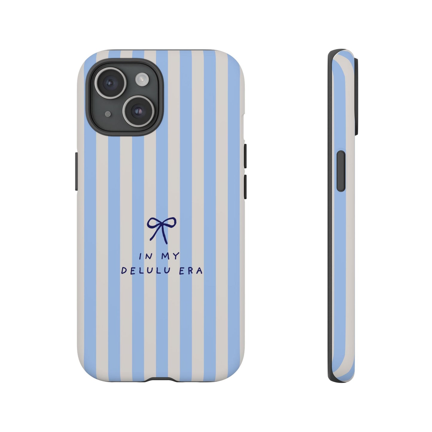 Striped Blue Phone Case — "In My Delulu Era" Cute Bow Design