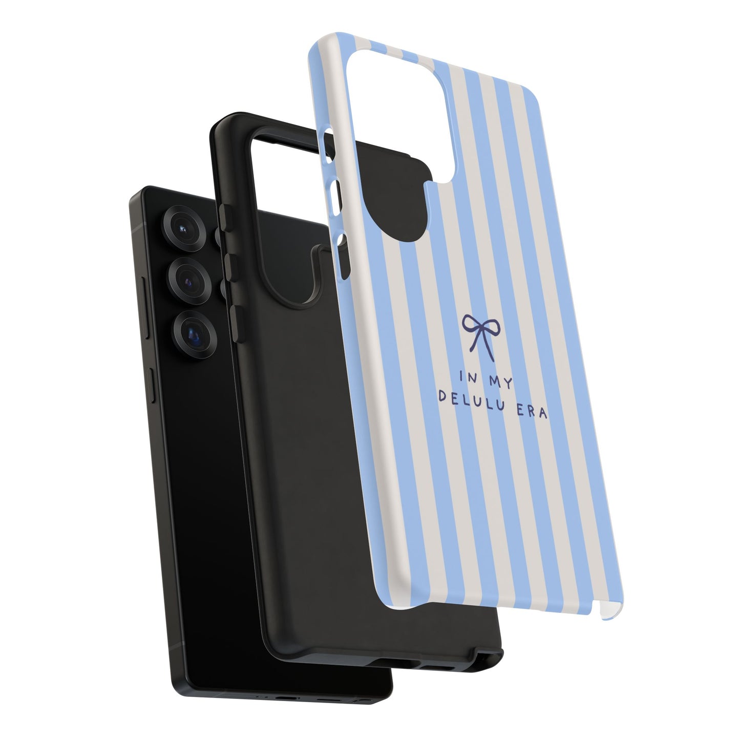 Striped Blue Phone Case — "In My Delulu Era" Cute Bow Design