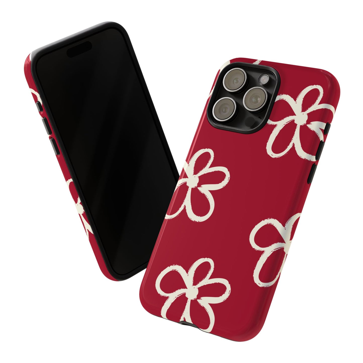 Red Floral Tough Phone Case — Hand-Drawn White Flowers on Burgundy