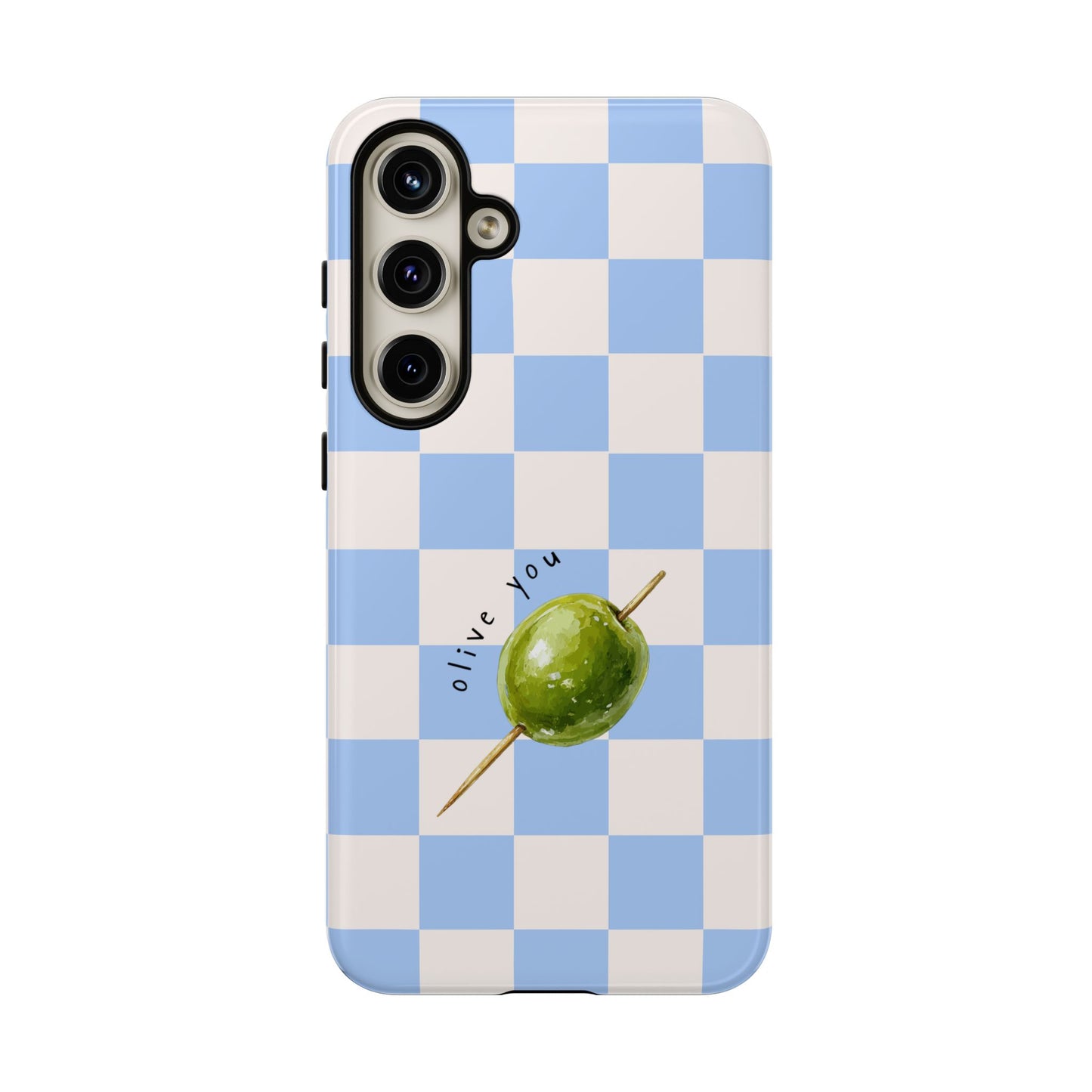 Blue Checkered Phone Case — 'Olive You' Patterned Protective Cover