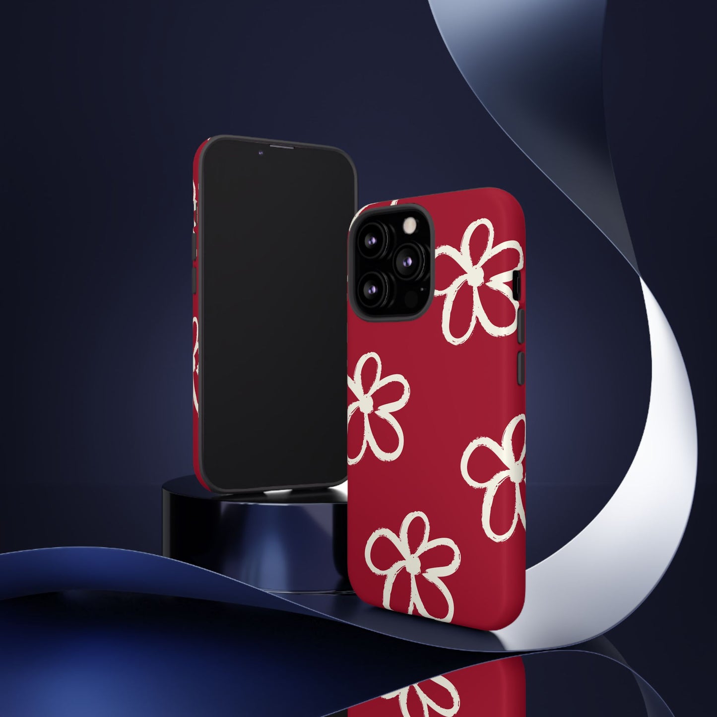 Red Floral Tough Phone Case — Hand-Drawn White Flowers on Burgundy