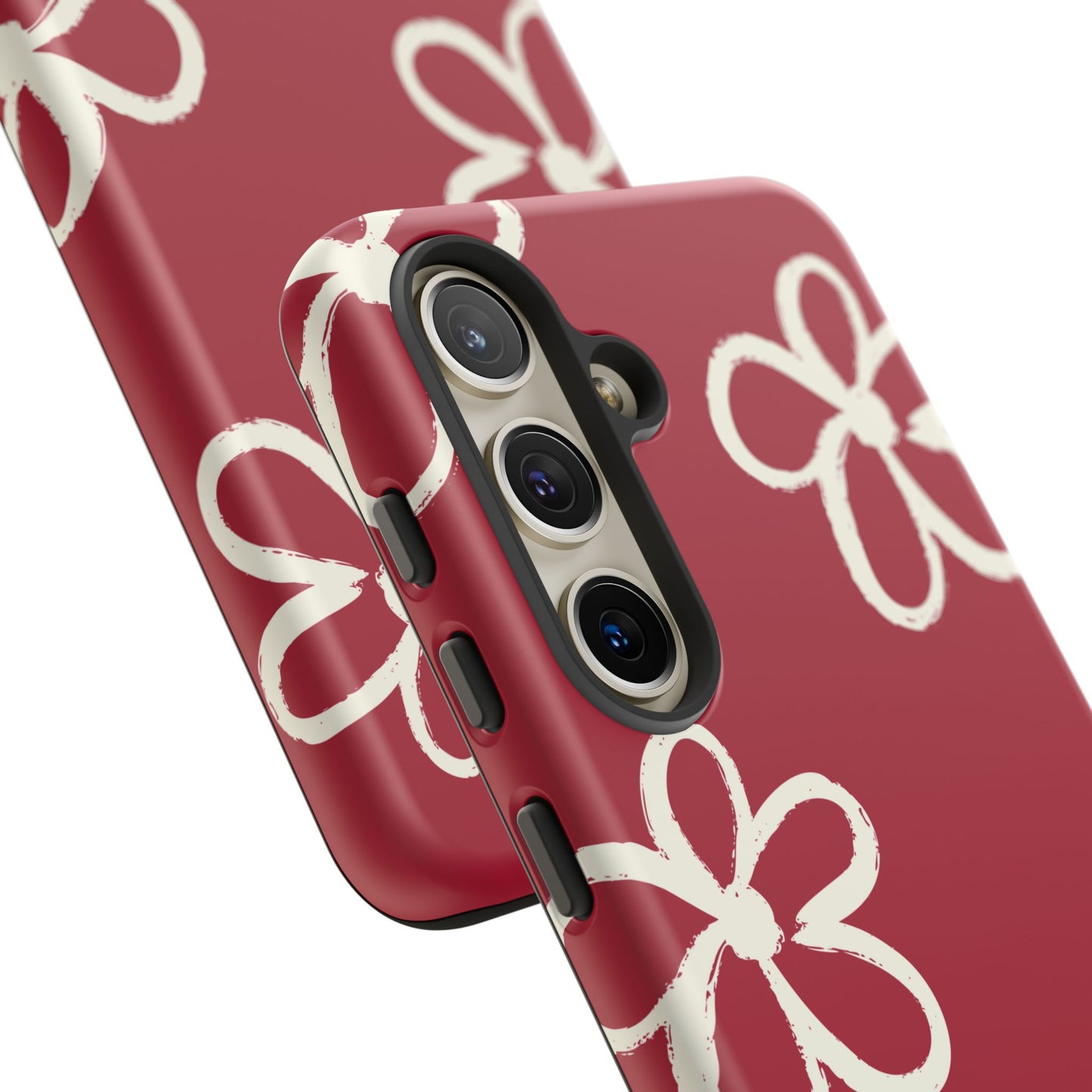 Red Floral Tough Phone Case — Hand-Drawn White Flowers on Burgundy
