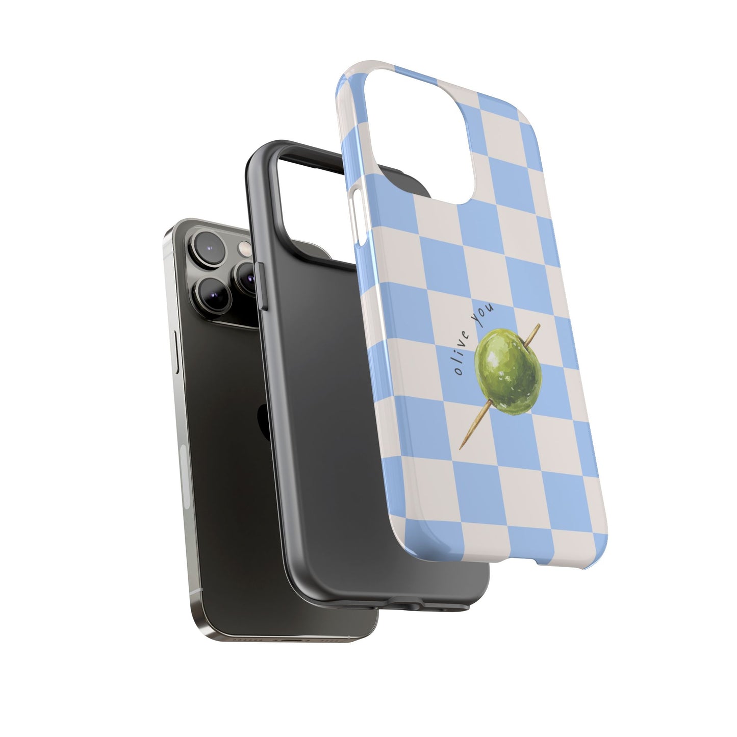 Blue Checkered Phone Case — 'Olive You' Patterned Protective Cover