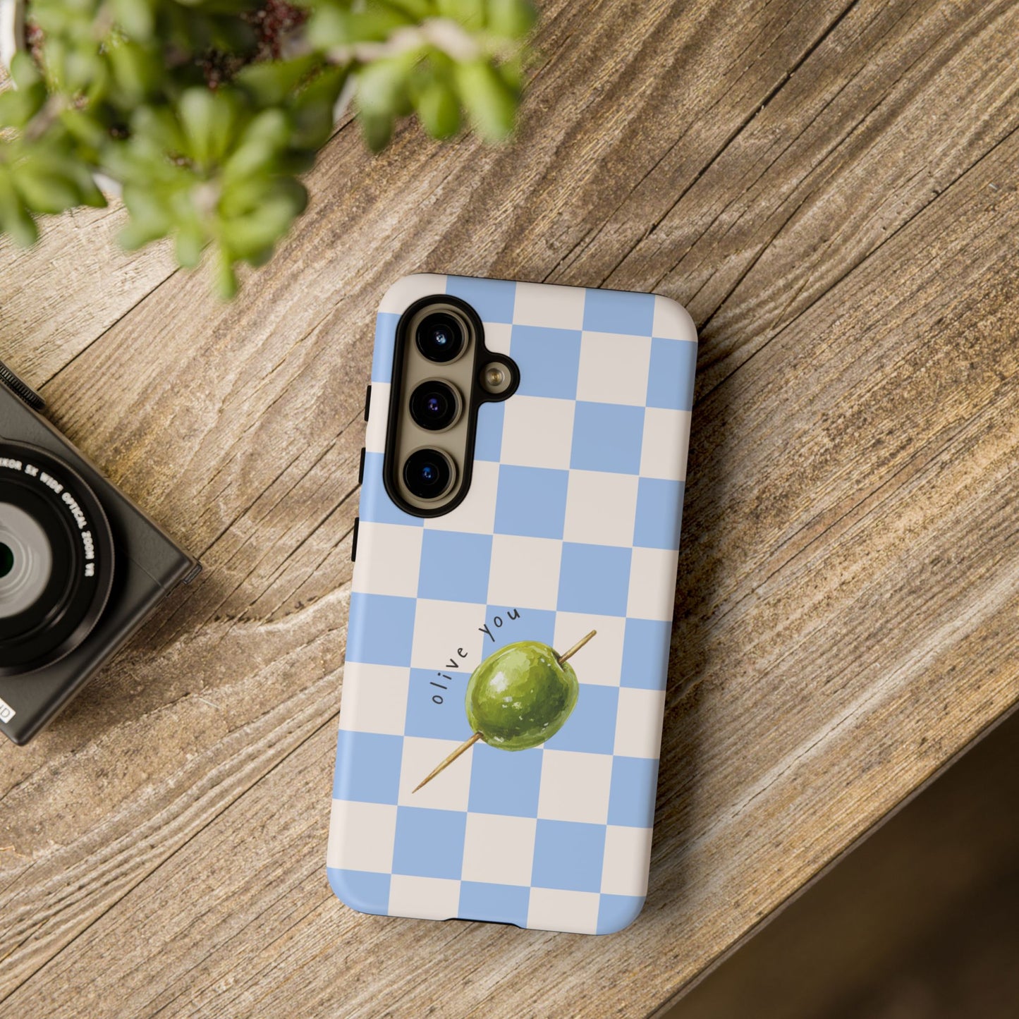 Blue Checkered Phone Case — 'Olive You' Patterned Protective Cover